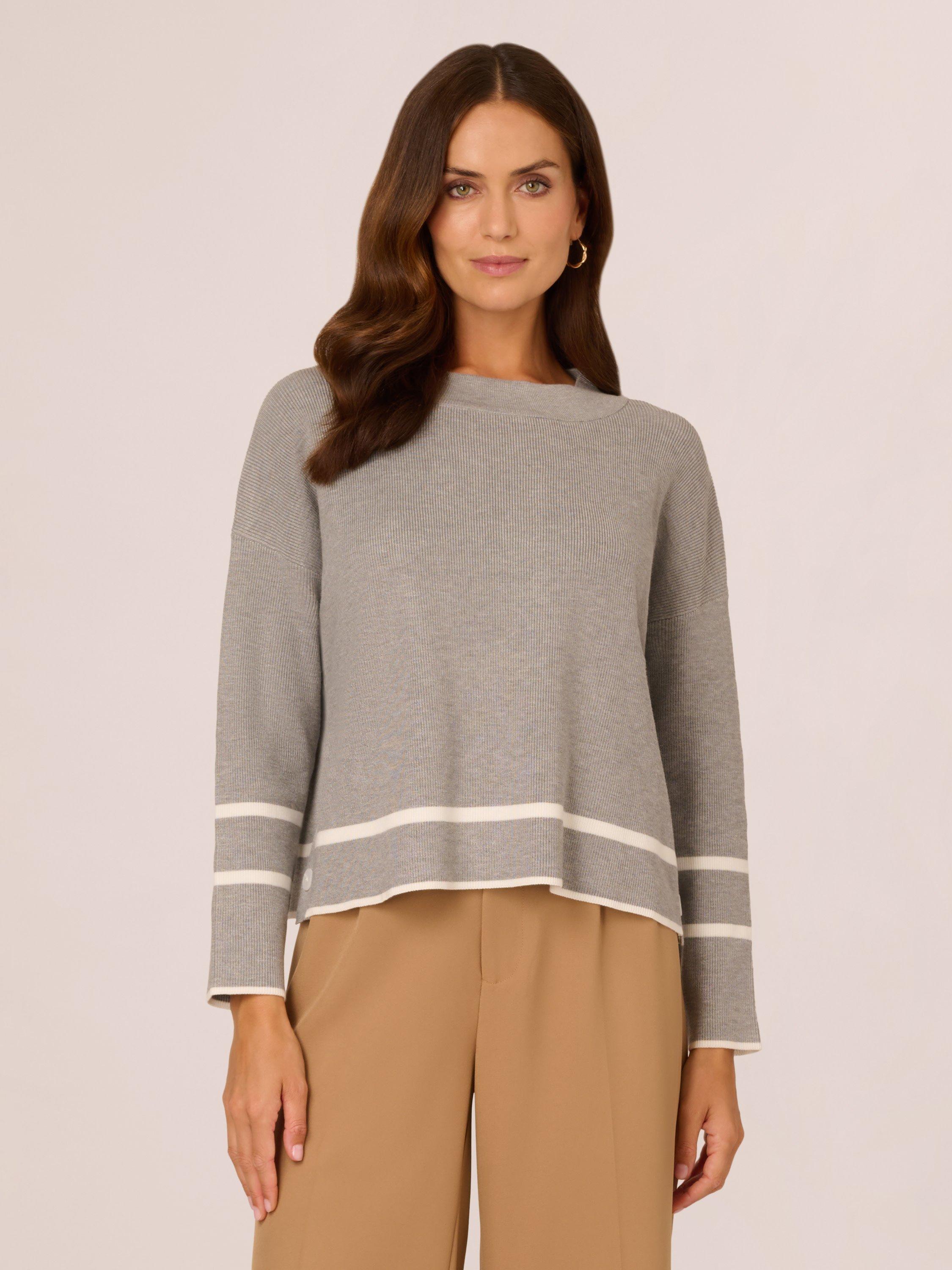 Product image 1 of 7, which shows Adrianna Papell Tipped Stripe Side Button Jumper, Heather Grey/Ivory, XS