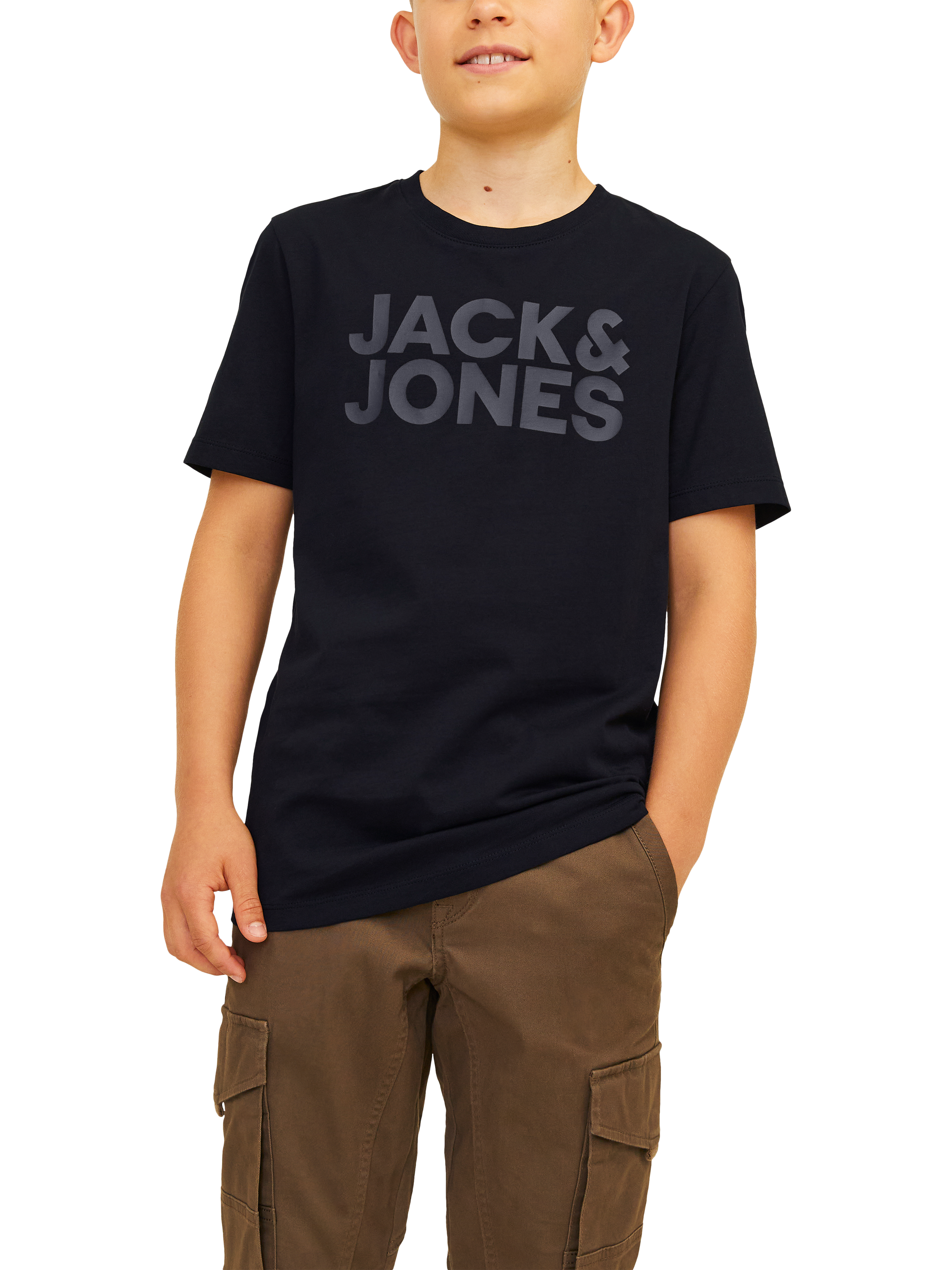 Product image 1 of 6, which shows Jack & Jones Kids' Logo Cotton T-Shirt, Black, 8 years