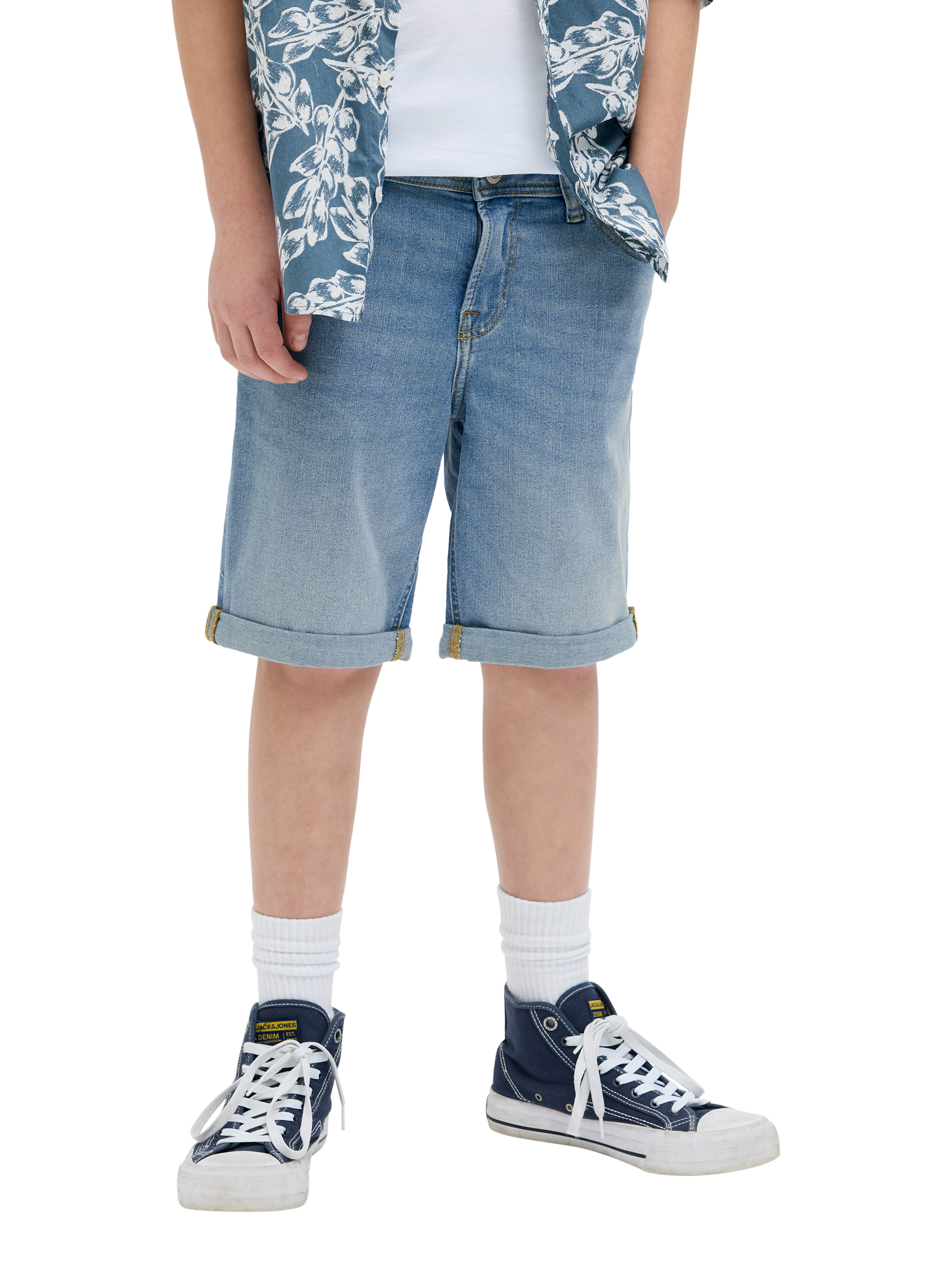Product image 1 of 6, which shows Jack & Jones Kids' Rick Denim Turn-Up Shorts, Blue Denim, 13 years