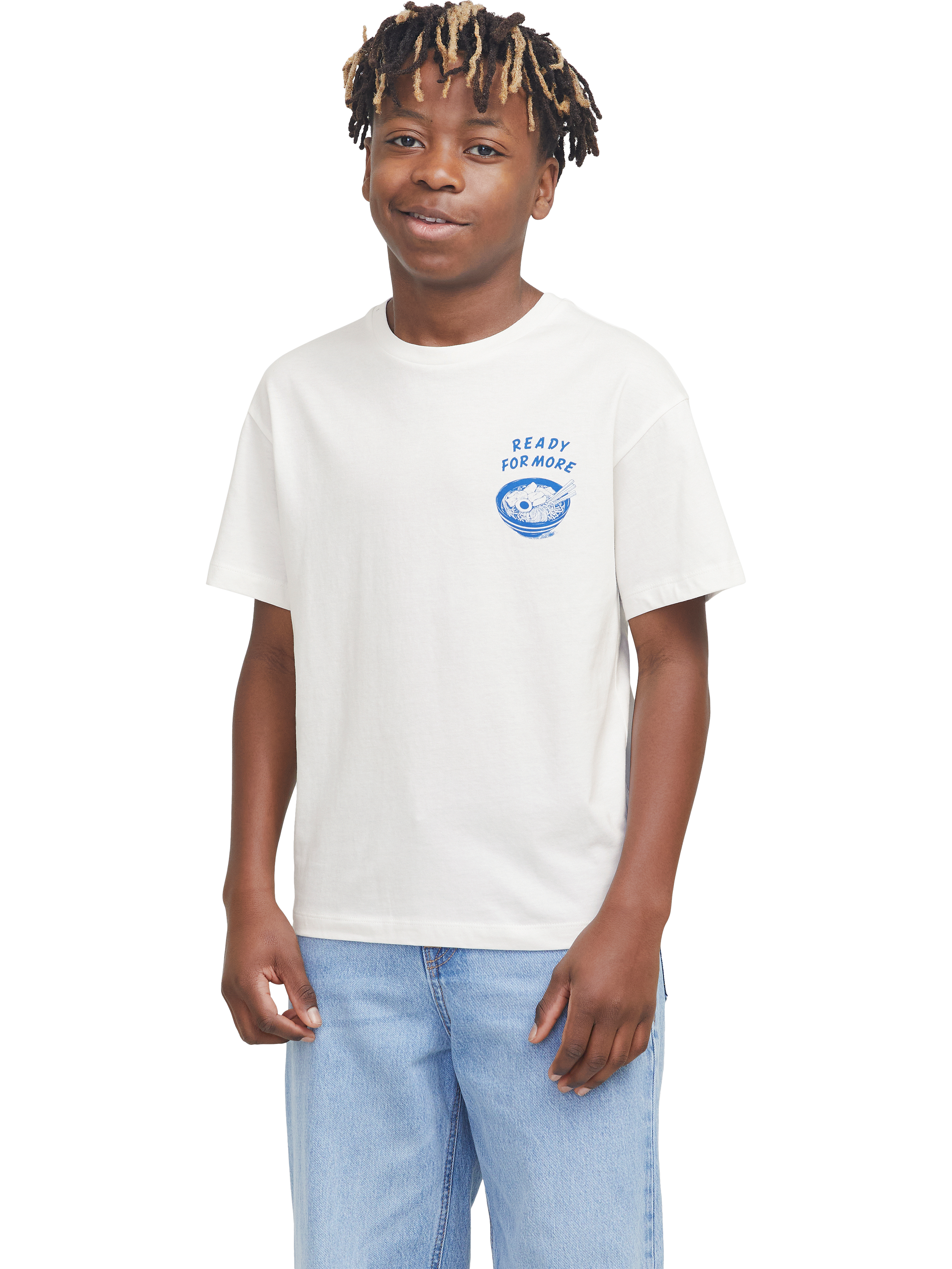 Product image 1 of 2, which shows Jack & Jones Kids' Graphic Crew Neck T-Shirt, White/Blue, 8 years