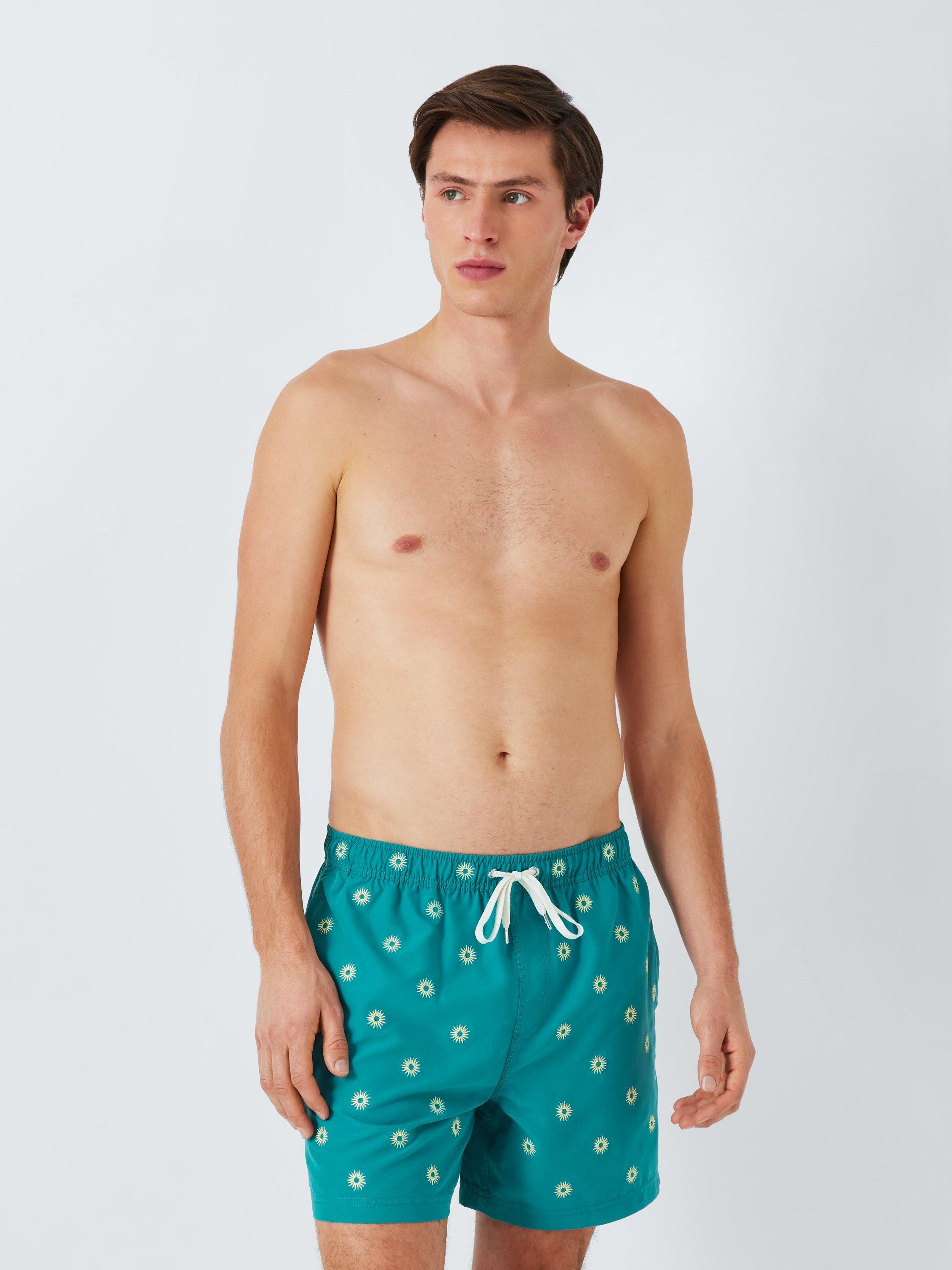 Product image 1 of 6, which shows John Lewis Embroidered Sun Swim Shorts, Dark Green, S