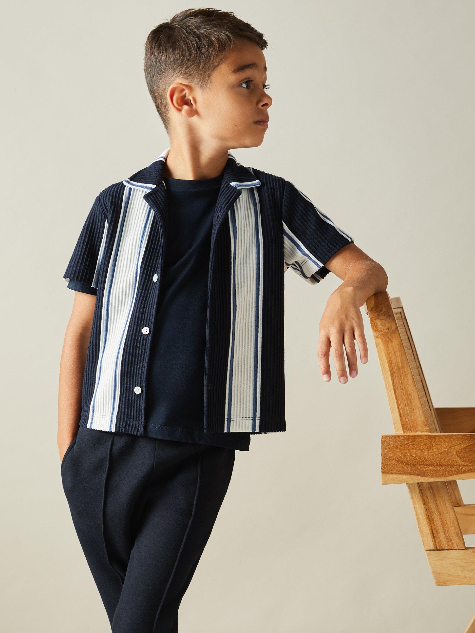 Reiss Kids' Alton Stripe Short Sleeve Shirt, Navy/Multi