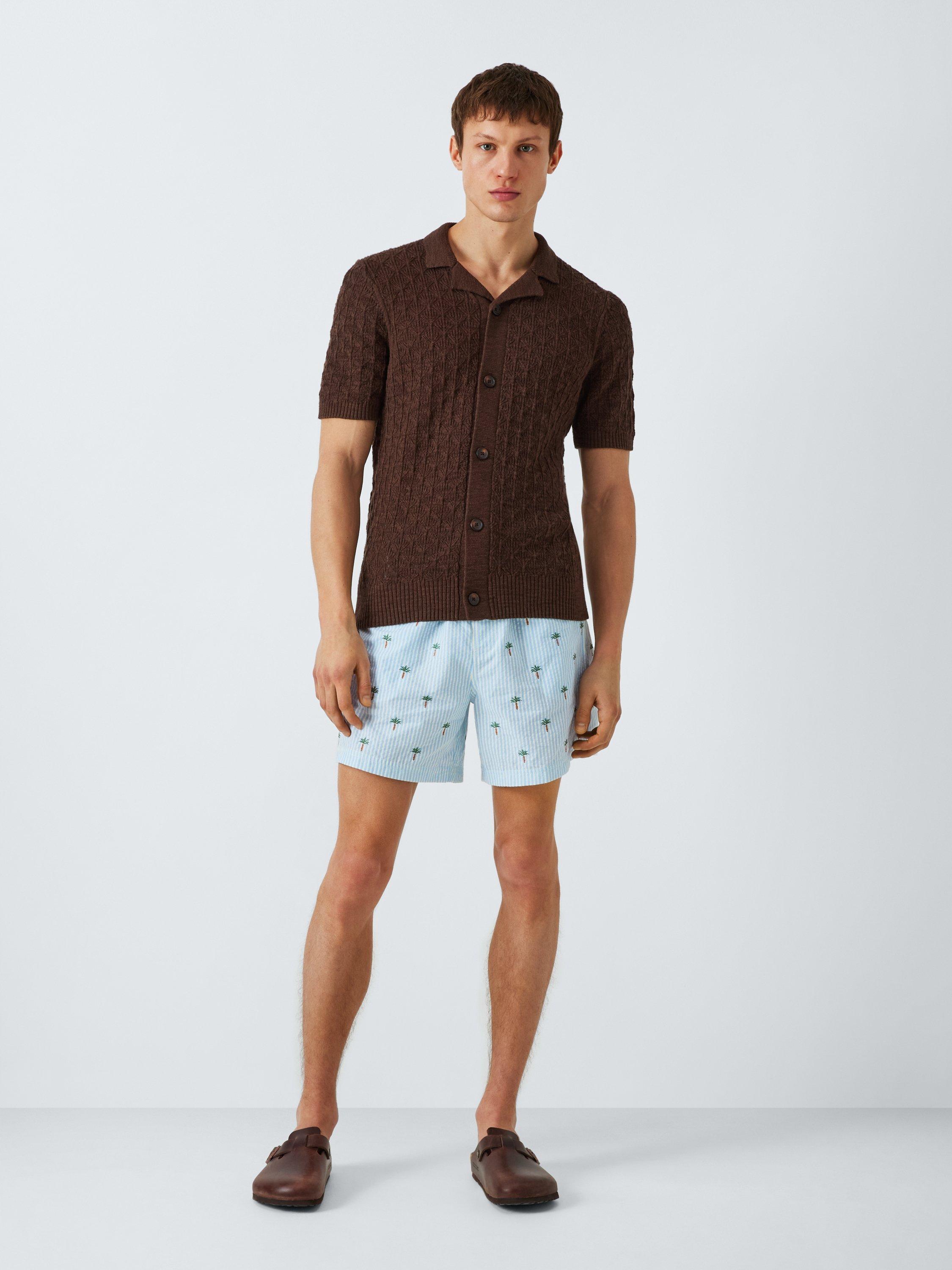 Product image 3 of 6, which shows John Lewis Embroidered Palm Seersucker Swim Shorts, Blue Multi, S