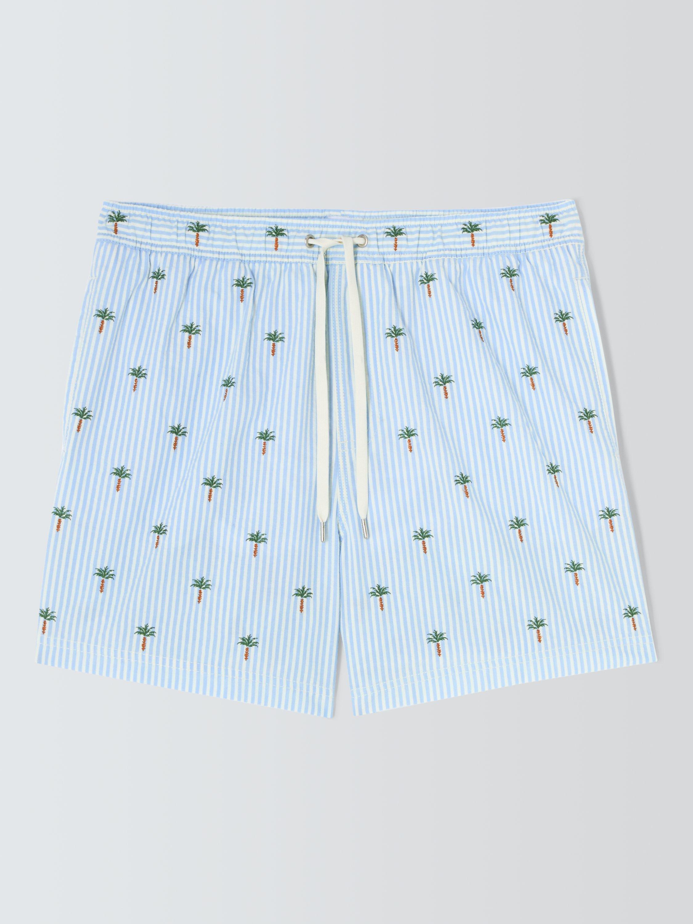 Product image 4 of 6, which shows John Lewis Embroidered Palm Seersucker Swim Shorts, Blue Multi, S