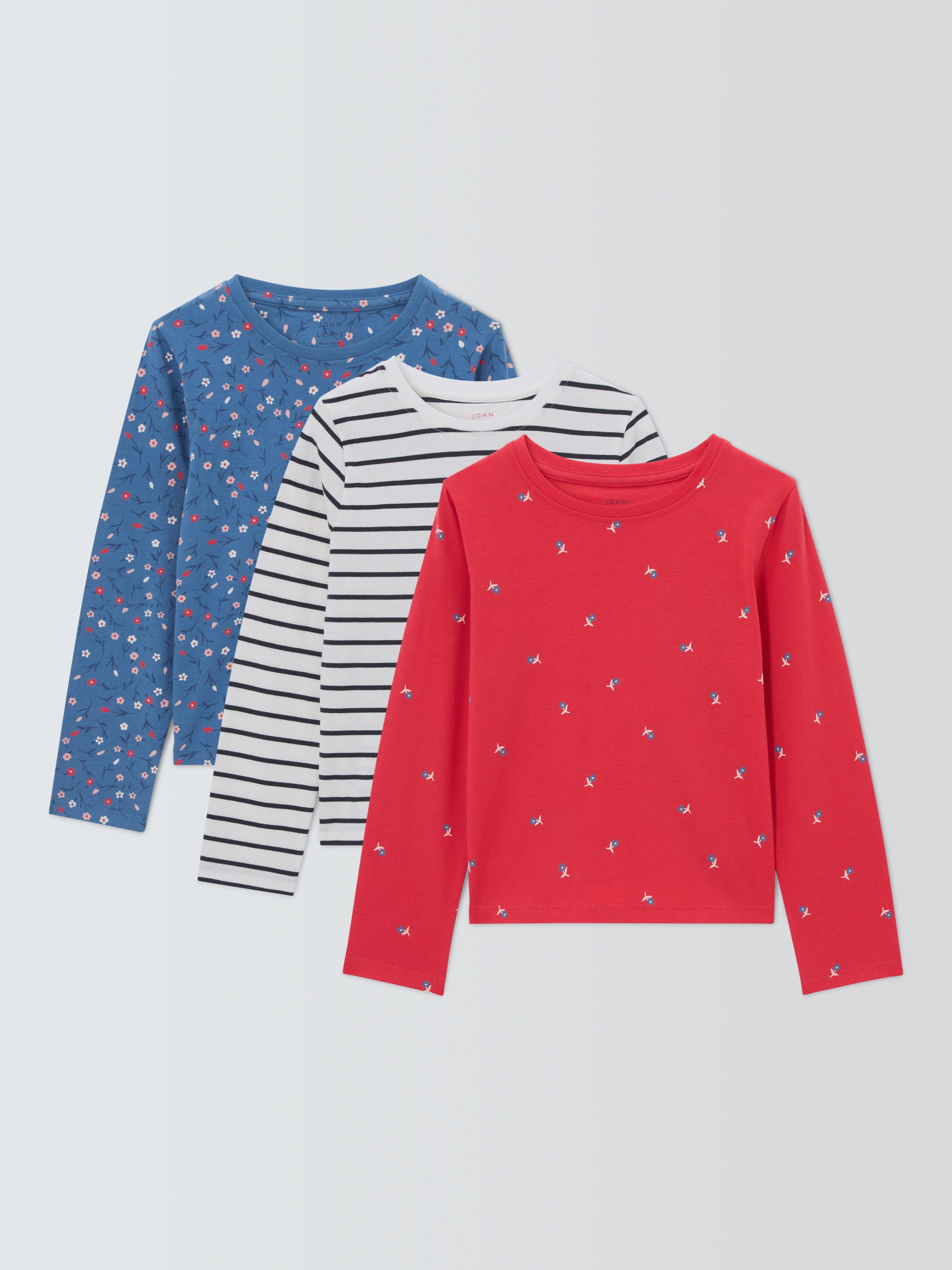 Product image 1 of 7, which shows John Lewis Kids' Floral/Stripe Long Sleeve Tops, Pack of 3, Multi, 9 years