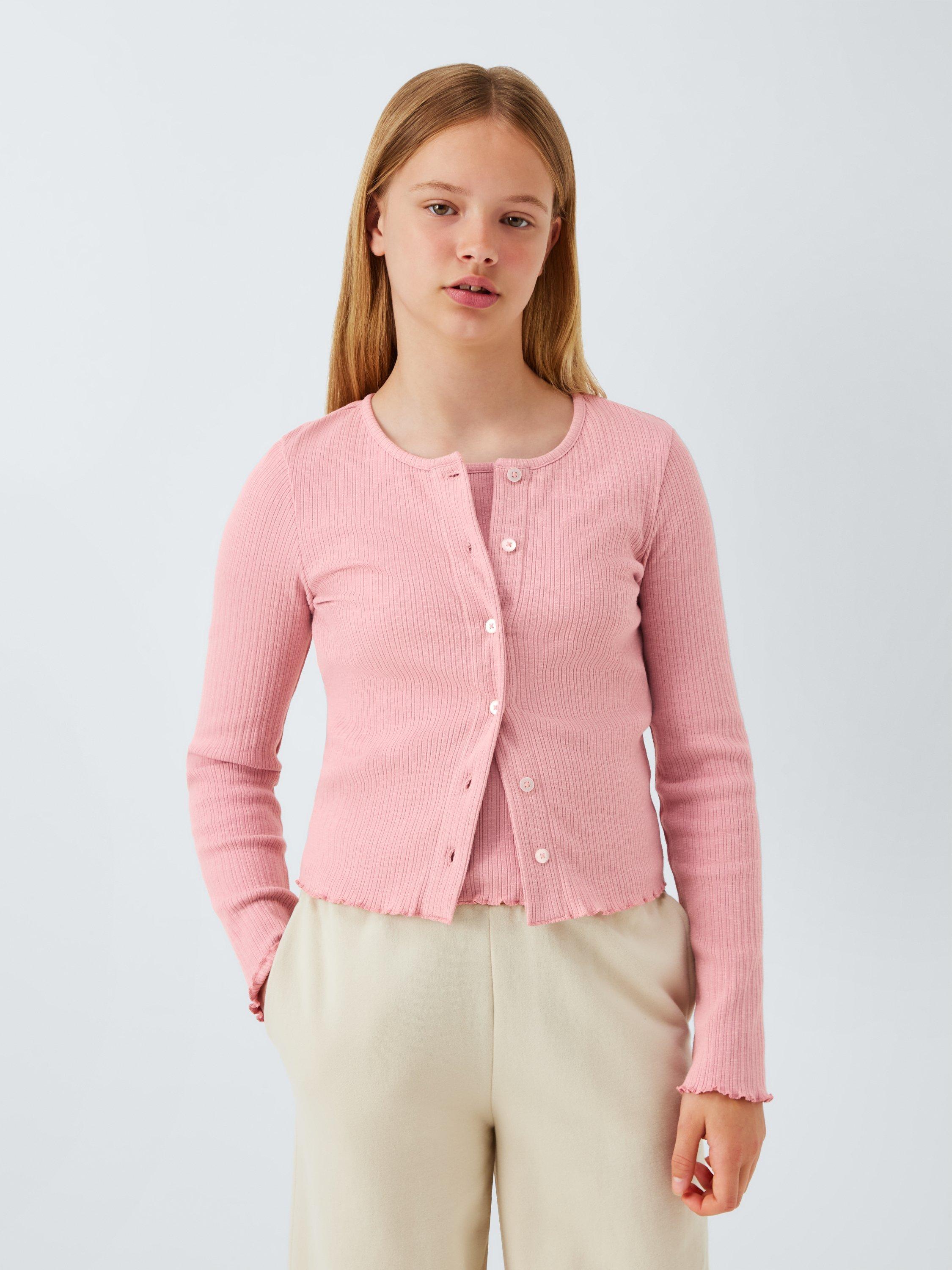 Product image 1 of 7, which shows John Lewis Kids' Ribbed Lettuce Hem Cardigan, Pink, 10 years