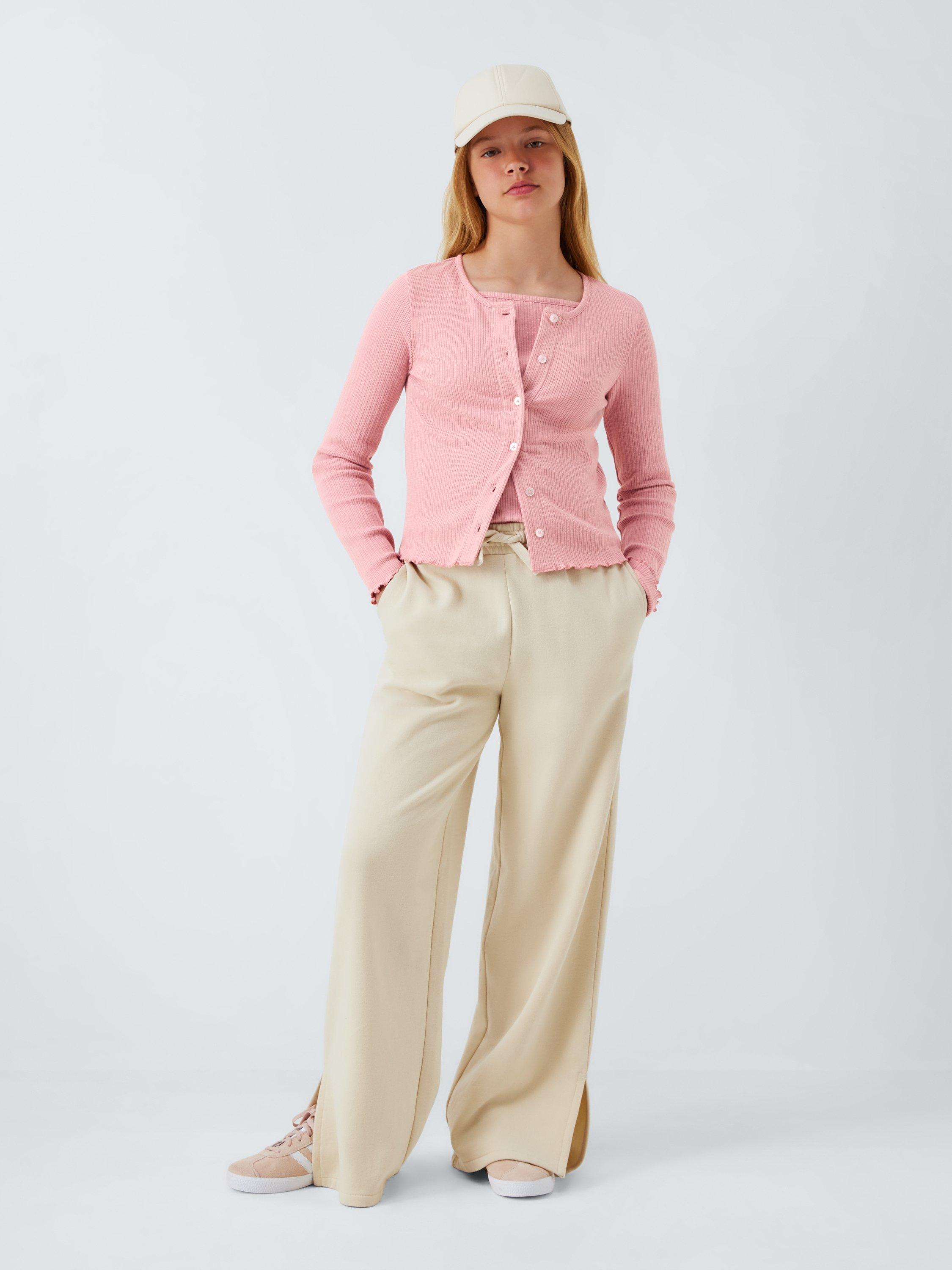 Product image 2 of 7, which shows John Lewis Kids' Ribbed Lettuce Hem Cardigan, Pink, 10 years