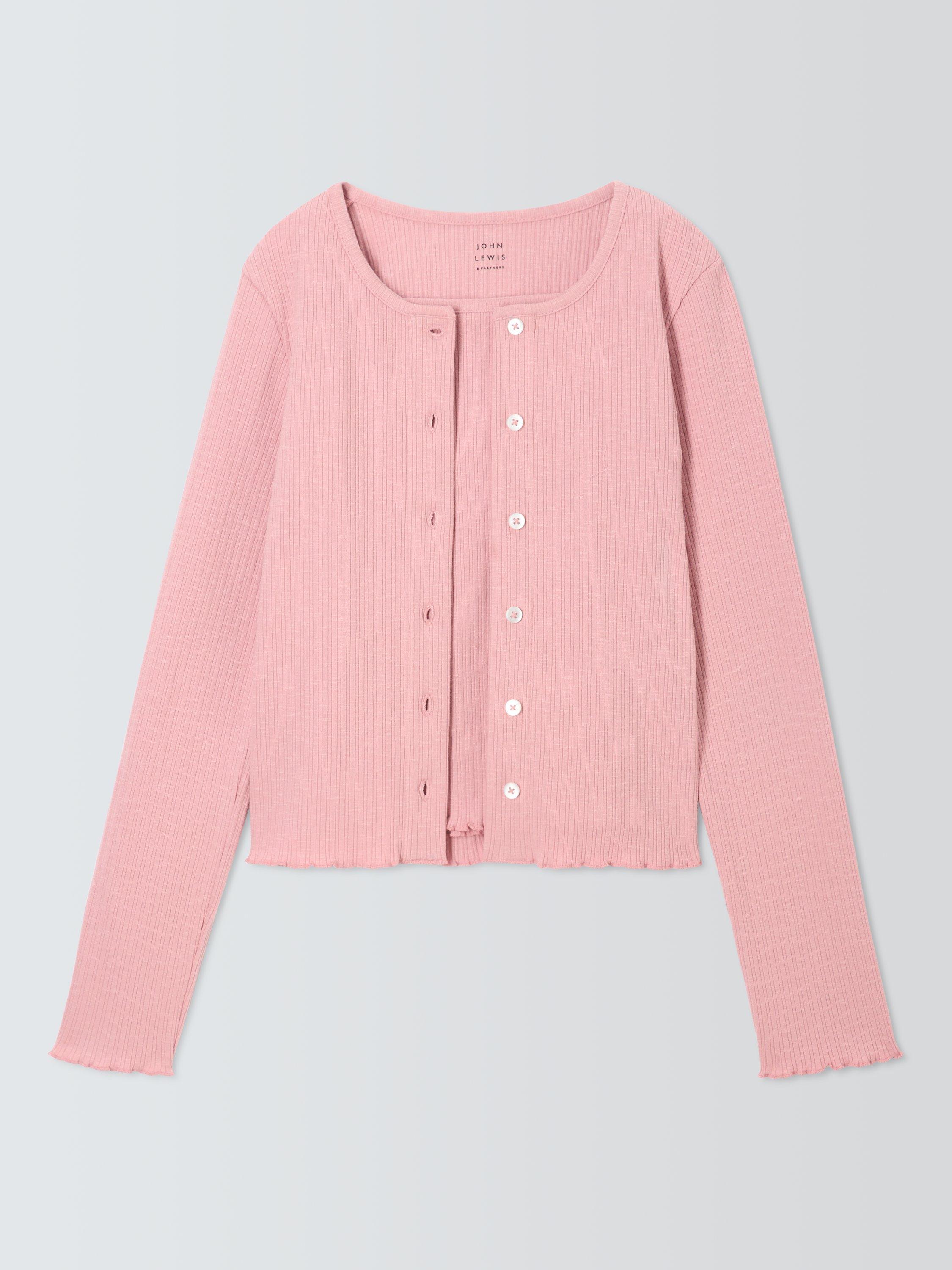 Product image 3 of 7, which shows John Lewis Kids' Ribbed Lettuce Hem Cardigan, Pink, 10 years