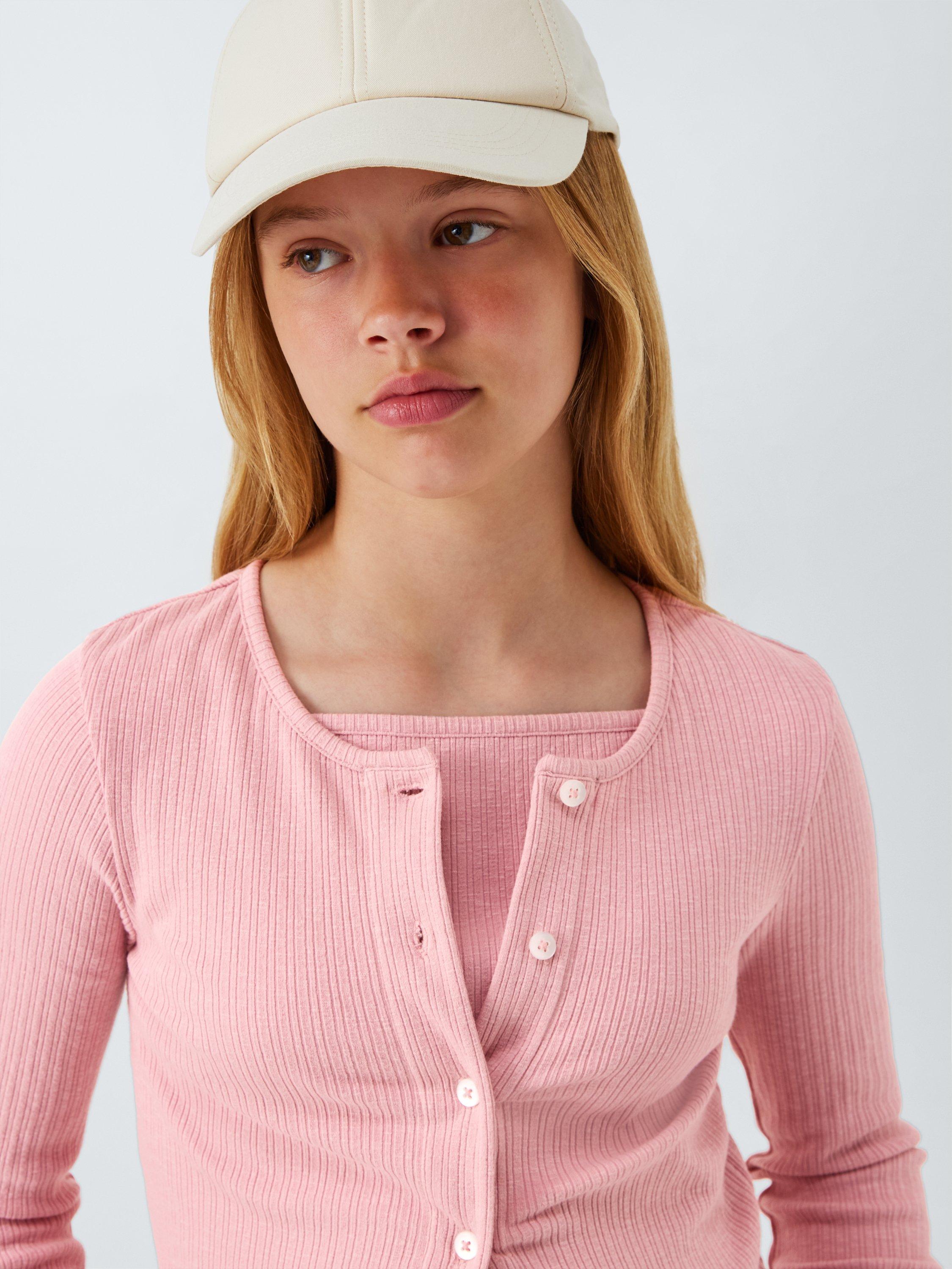 Product image 4 of 7, which shows John Lewis Kids' Ribbed Lettuce Hem Cardigan, Pink, 10 years