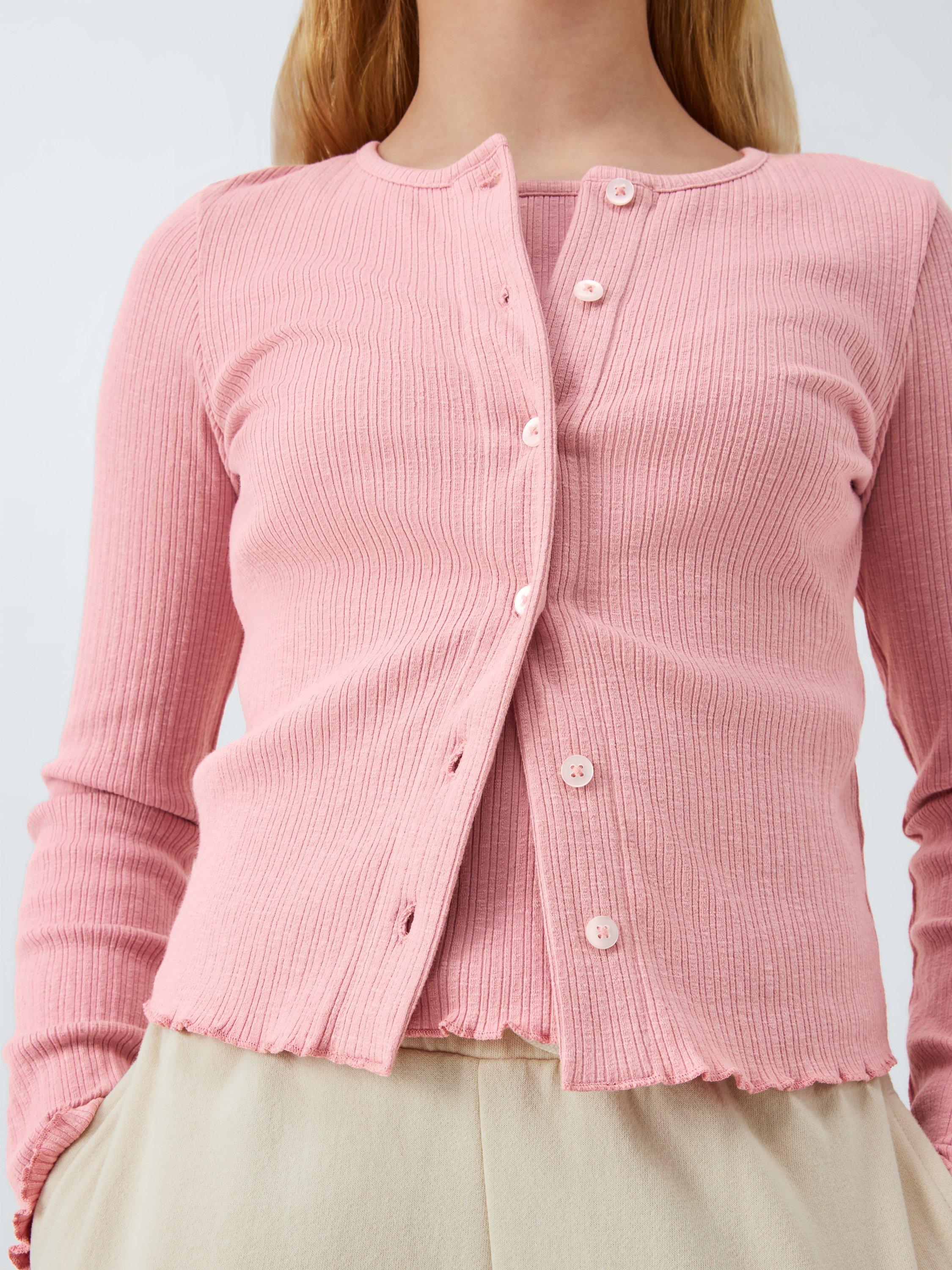 Product image 5 of 7, which shows John Lewis Kids' Ribbed Lettuce Hem Cardigan, Pink, 10 years