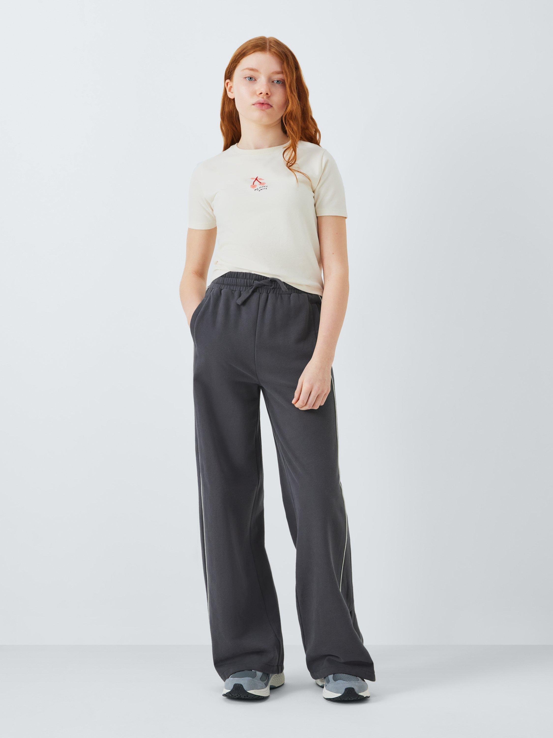 Product image 2 of 7, which shows John Lewis Kids' Side Stripe Wide Leg Joggers, Grey/White, 8 years