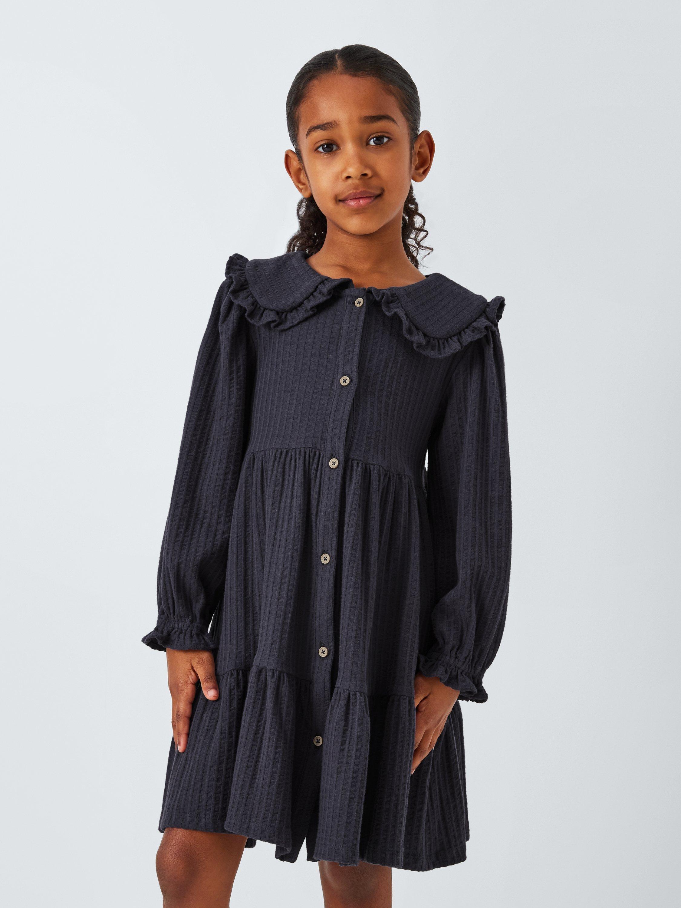 Product image 1 of 7, which shows John Lewis Kids' Frill Collar Tiered Shirt Dress, Blue, 2 years
