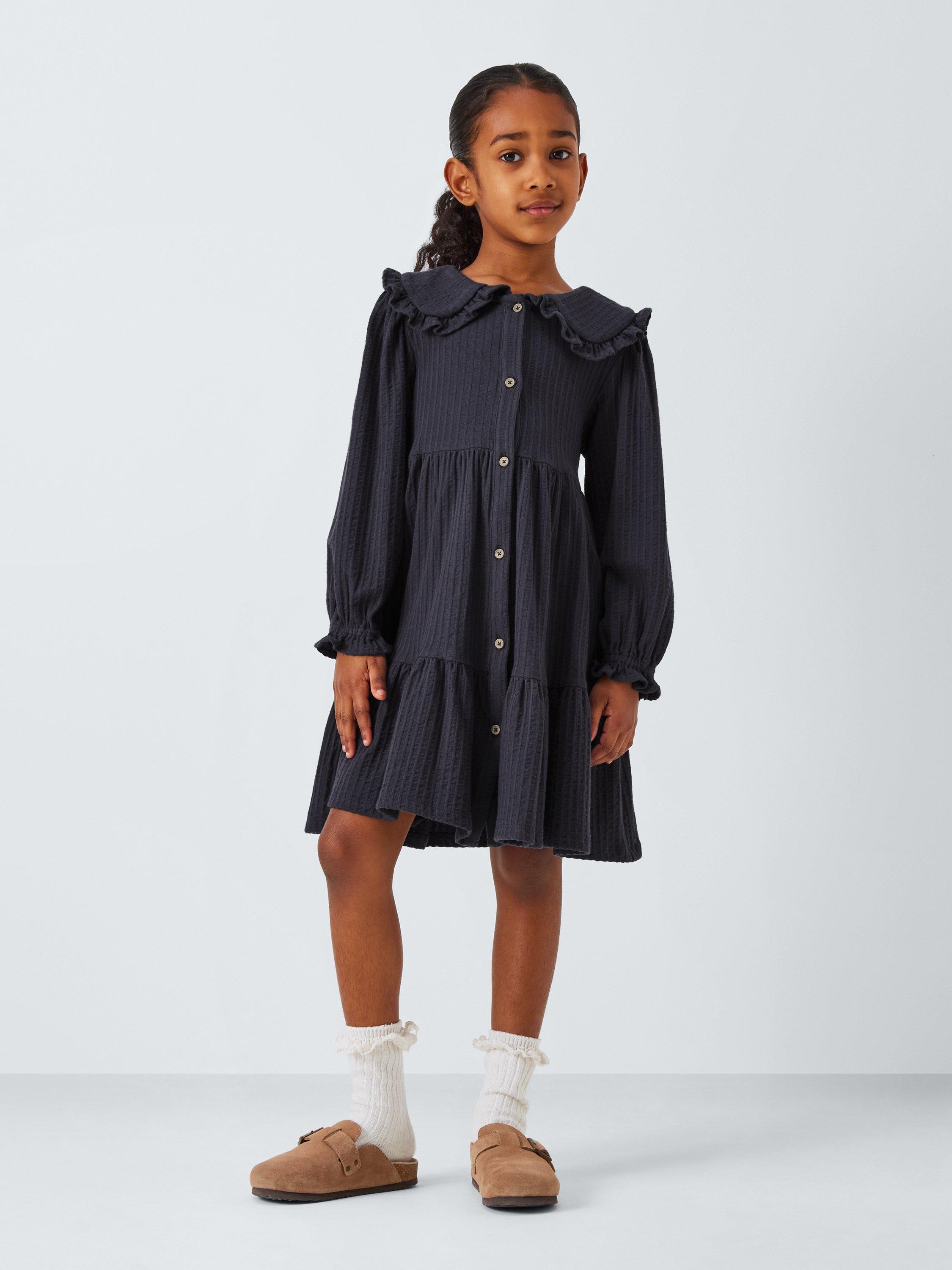 Product image 2 of 7, which shows John Lewis Kids' Frill Collar Tiered Shirt Dress, Blue, 2 years