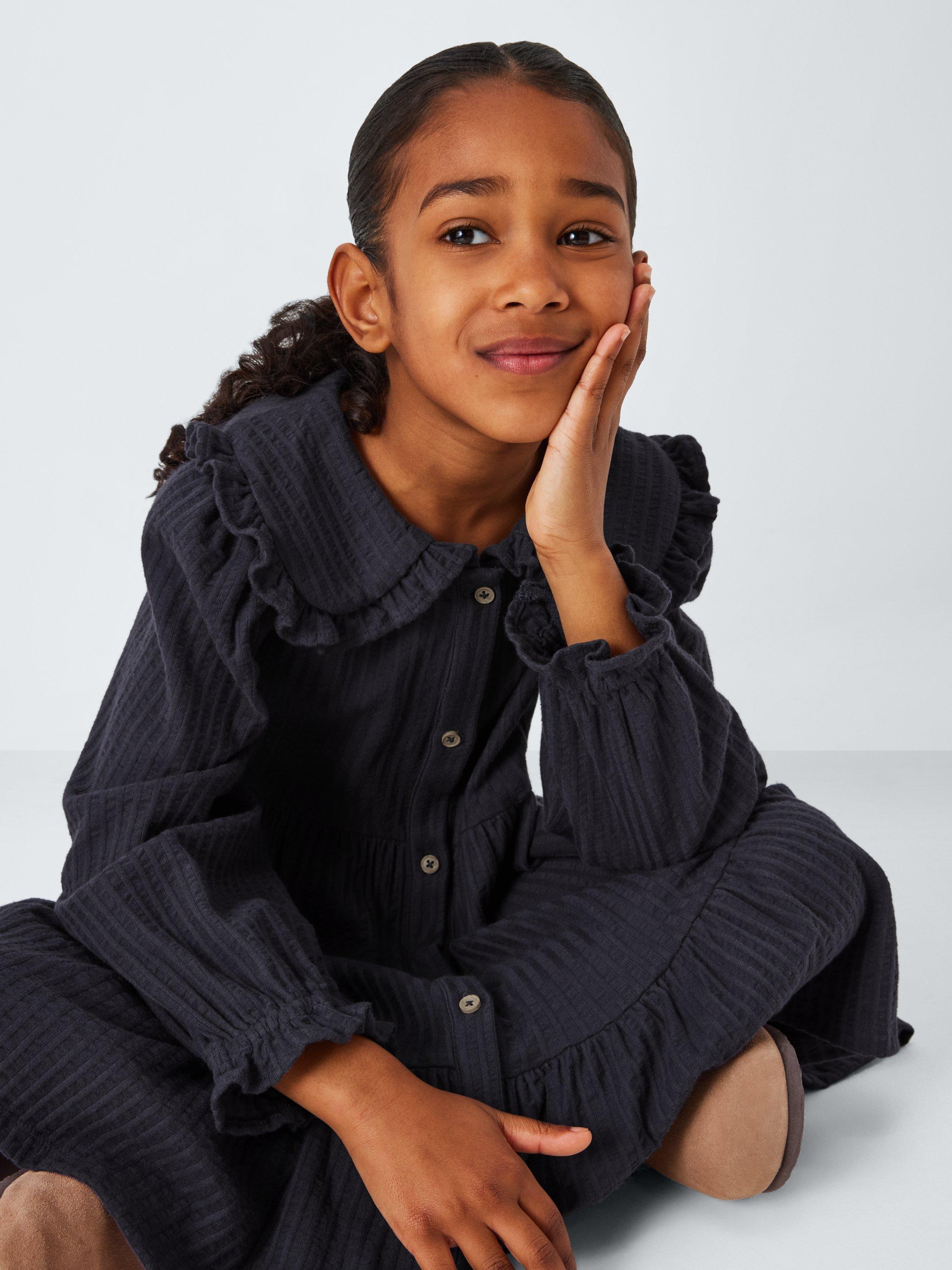 Product image 4 of 7, which shows John Lewis Kids' Frill Collar Tiered Shirt Dress, Blue, 2 years