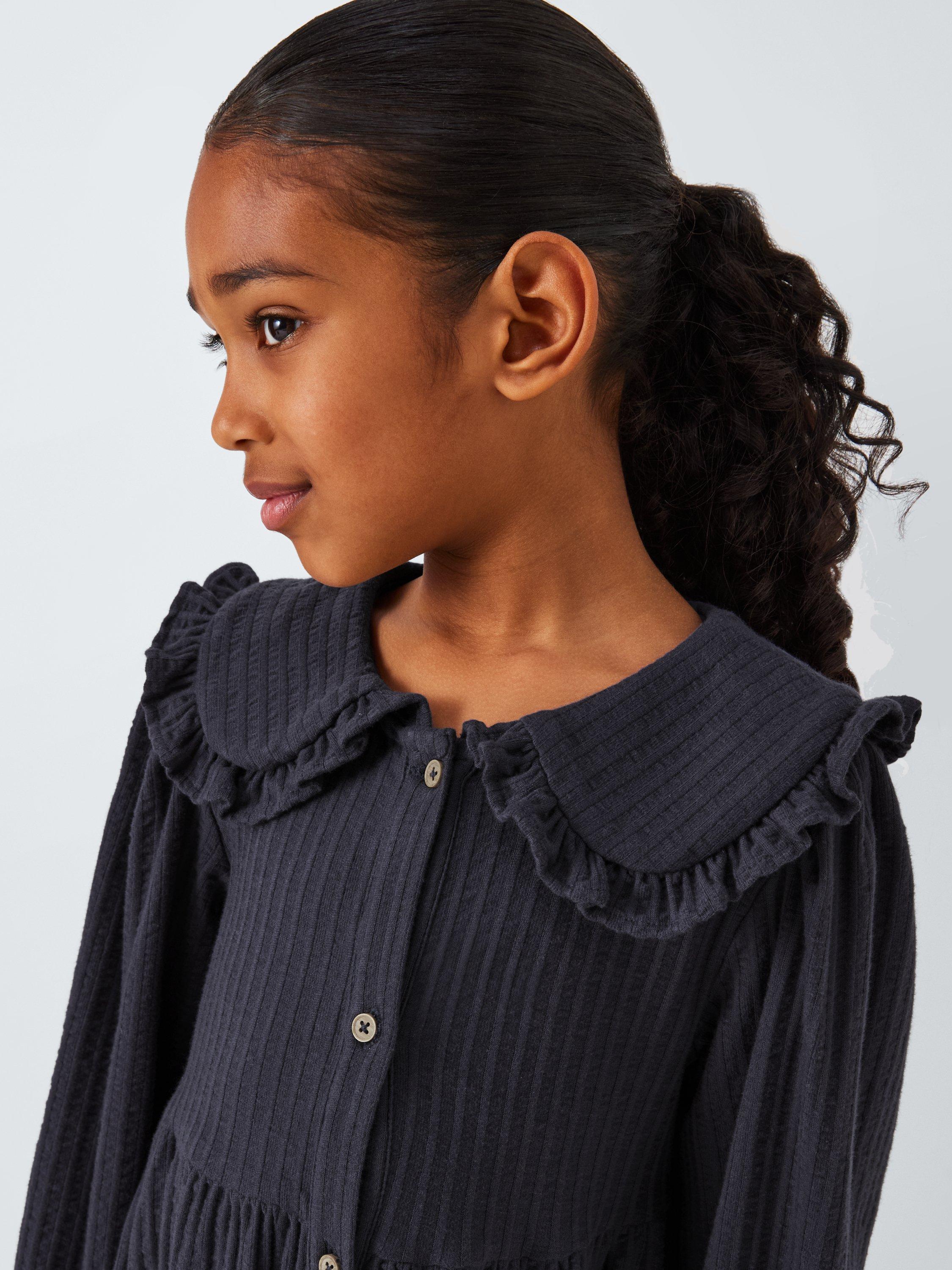 Product image 5 of 7, which shows John Lewis Kids' Frill Collar Tiered Shirt Dress, Blue, 2 years