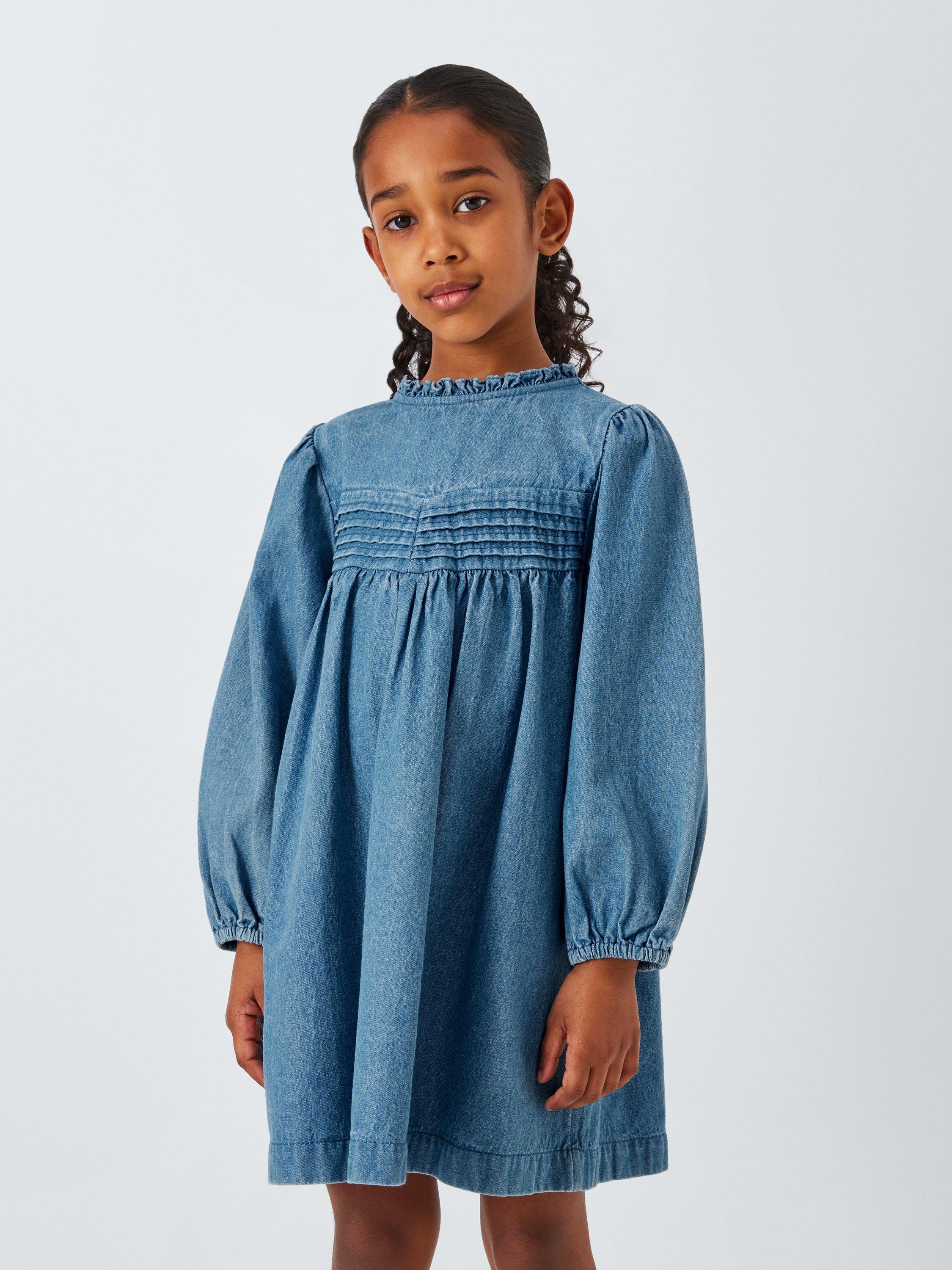 Product image 1 of 7, which shows John Lewis Kids' Frill Neck Denim Dress, Denim, 3 years