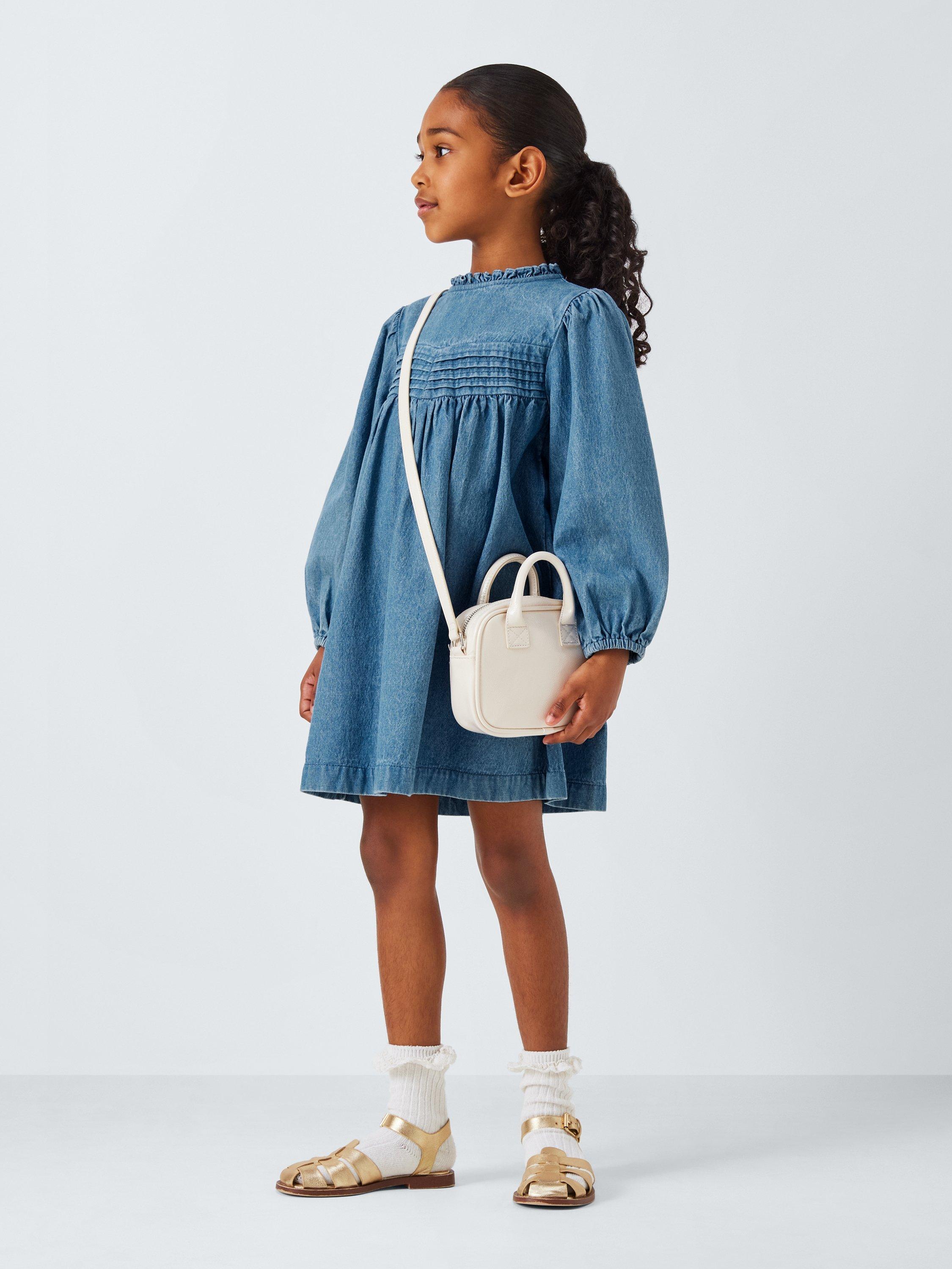 Product image 2 of 7, which shows John Lewis Kids' Frill Neck Denim Dress, Denim, 3 years
