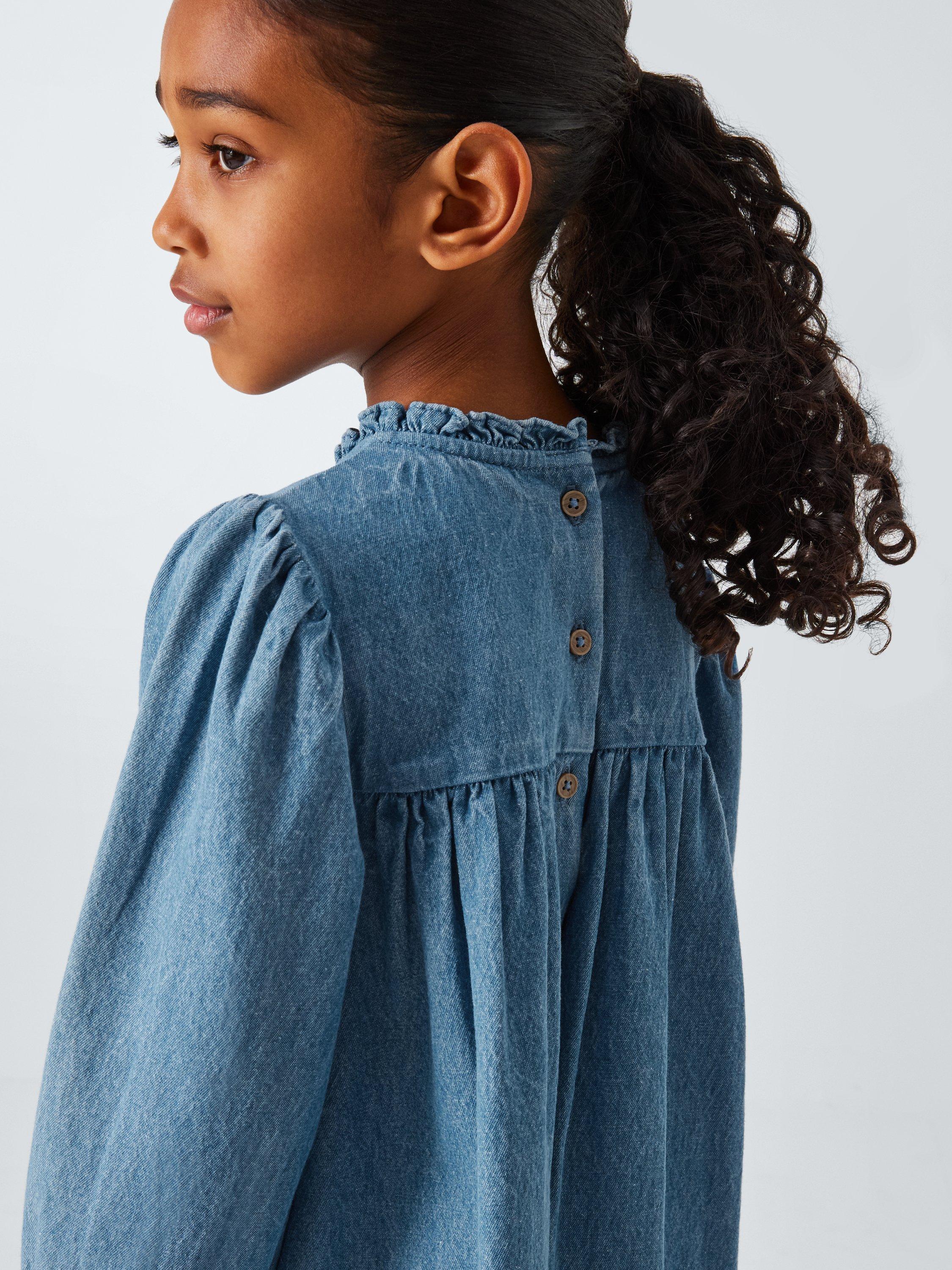 Product image 5 of 7, which shows John Lewis Kids' Frill Neck Denim Dress, Denim, 3 years