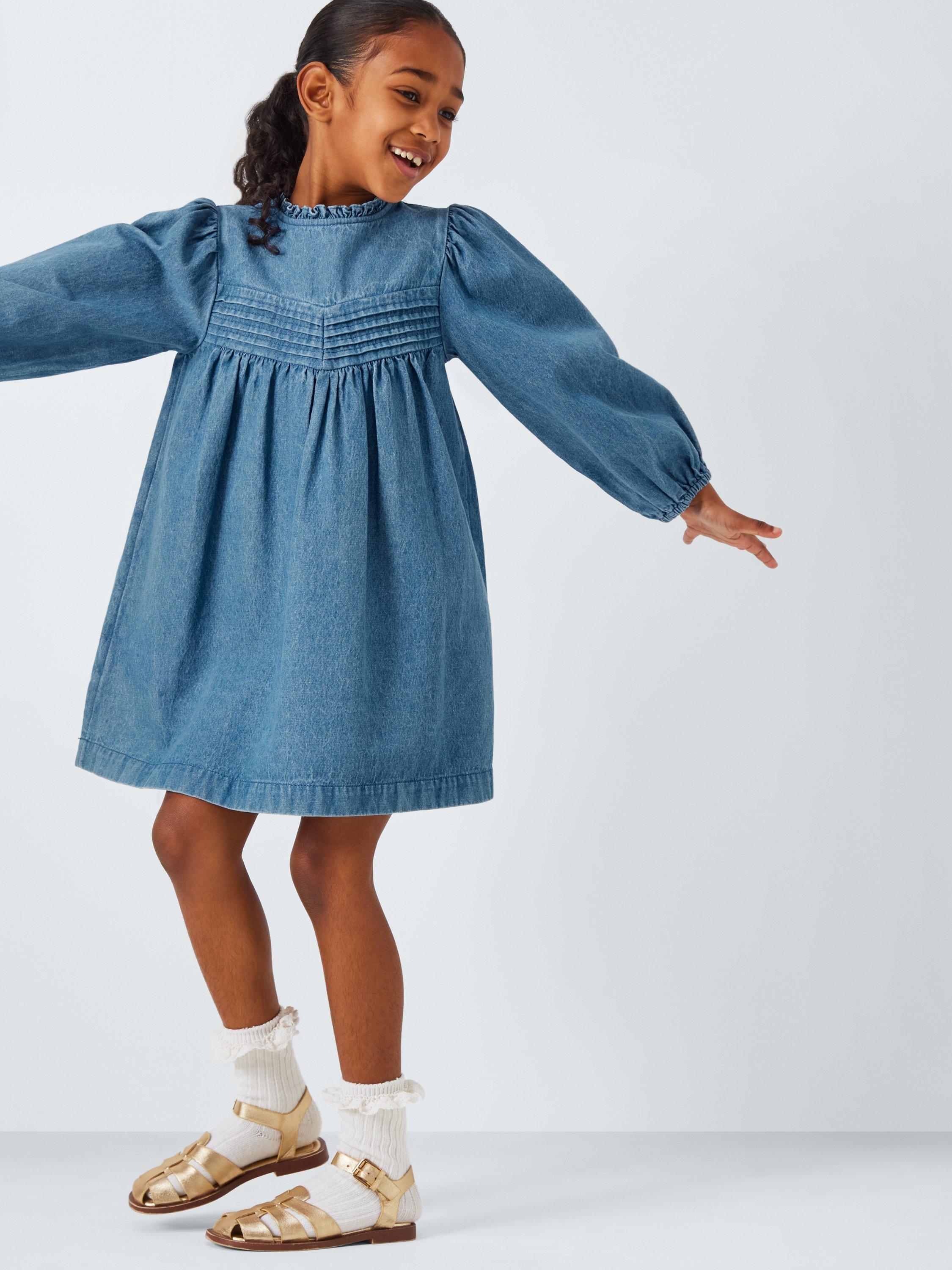 Product image 4 of 7, which shows John Lewis Kids' Frill Neck Denim Dress, Denim, 3 years