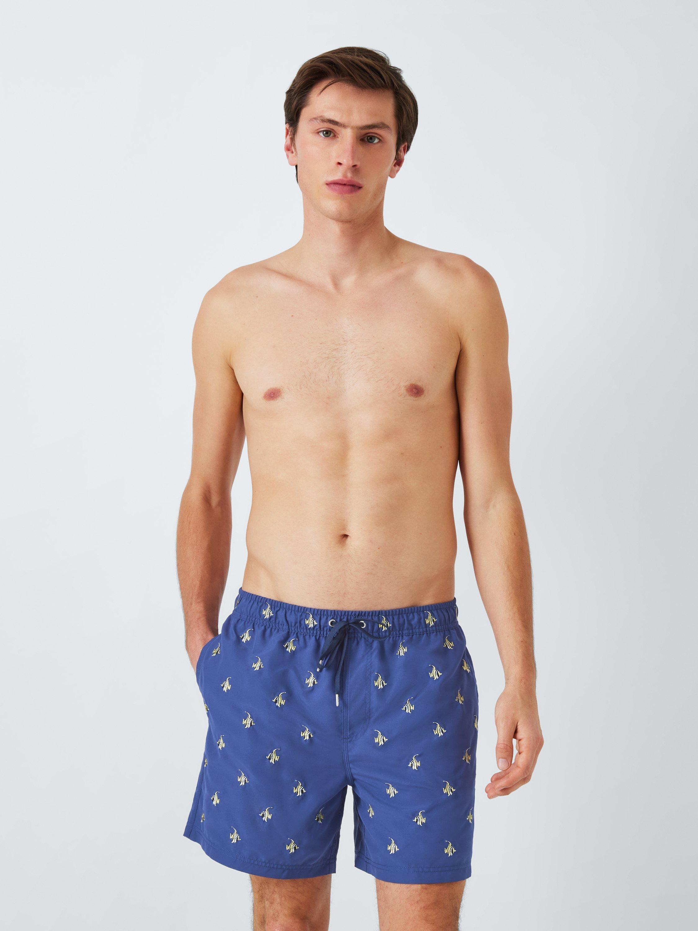 Product image 1 of 6, which shows John Lewis Embroidered Angel Fish Swim Shorts, Navy Multi, S