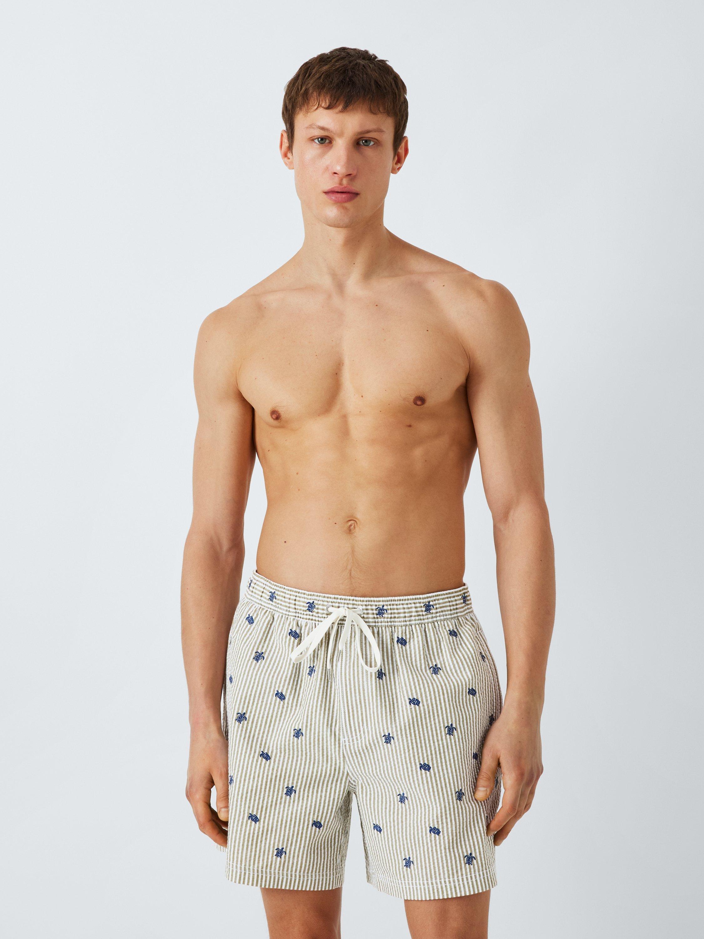 Product image 1 of 6, which shows John Lewis Embroidered Turtle Seersucker Swim Shorts, Green Multi, S