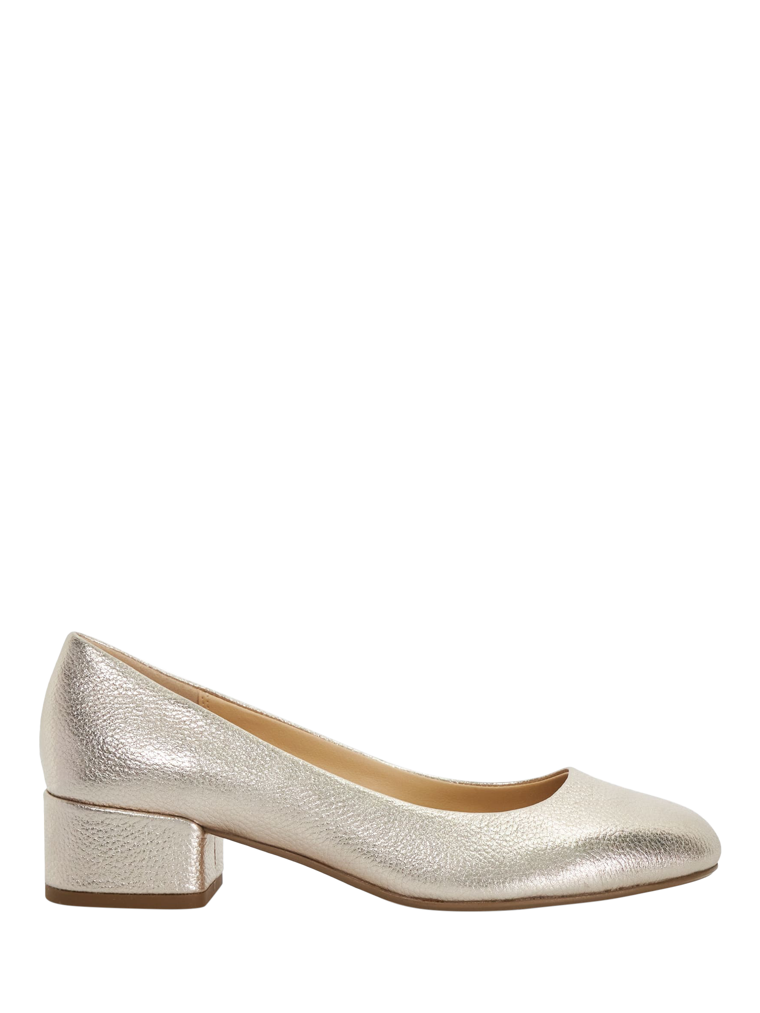 Product image 1 of 6, which shows Dune London Wide Fit Bracket Block Heel Leather Court Shoes, Gold, 3