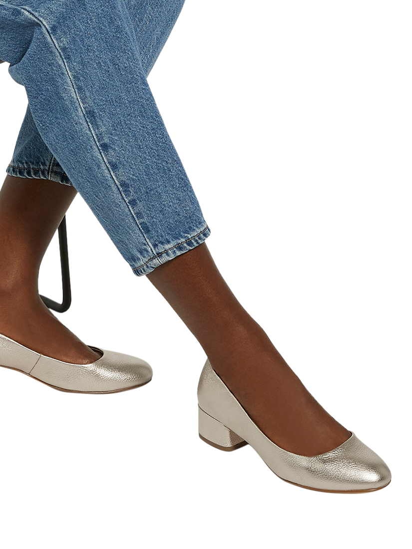 Product image 6 of 6, which shows Dune London Wide Fit Bracket Block Heel Leather Court Shoes, Gold, 3