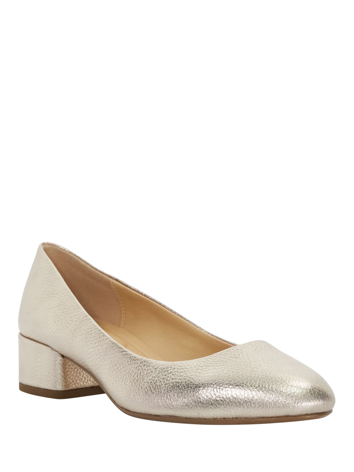 Product image 3 of 6, which shows Dune London Wide Fit Bracket Block Heel Leather Court Shoes, Gold, 3