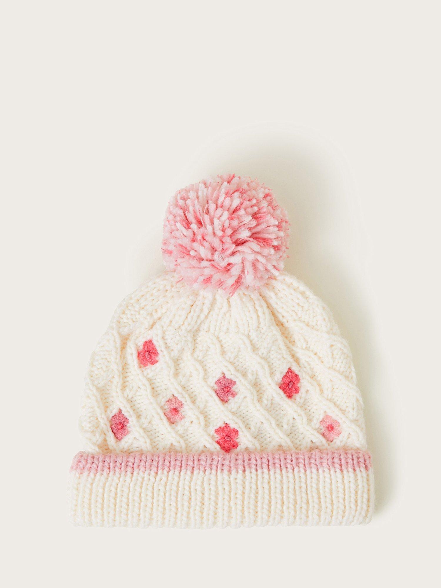 Monsoon Kids' Flower Pom Pom Beanie, Ivory/Pink