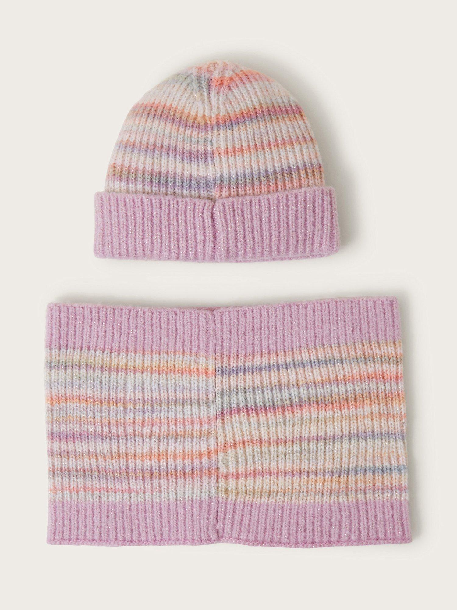 Product image 2 of 3, which shows Monsoon Kids' Space Dye Stripe Hat and Snood, Multi, 6-13 years