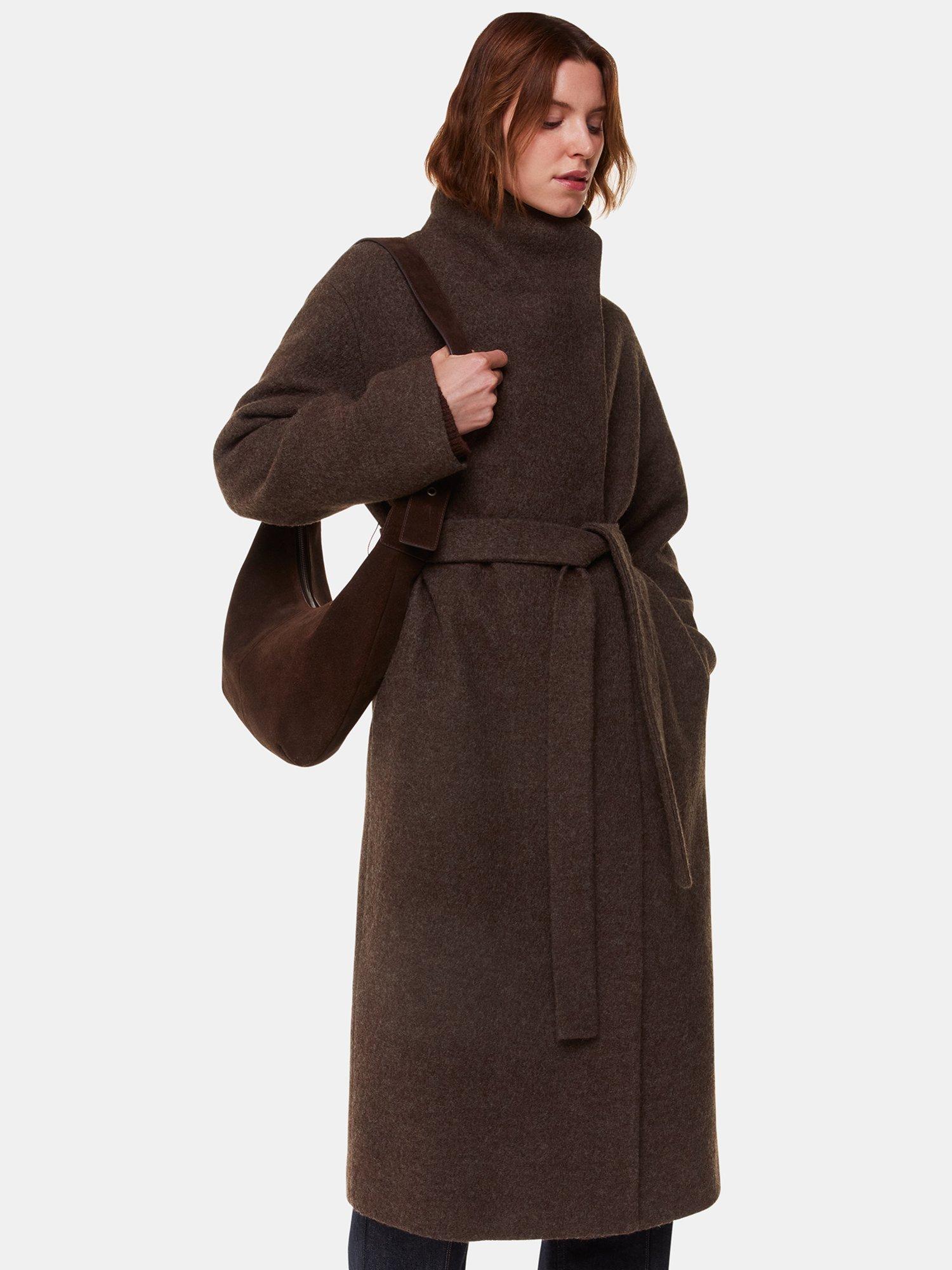 Whistles Morgan Funnel Neck Pure Wool Coat Taupe