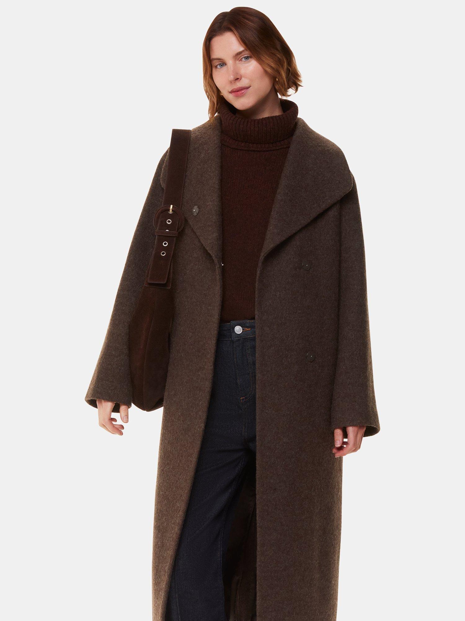 Product image 4 of 7, which shows Whistles Morgan Funnel Neck Pure Wool Coat, Taupe, 6