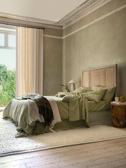Piglet in Bed Gingham Linen Blend Bedding - view 2, Botanical Green