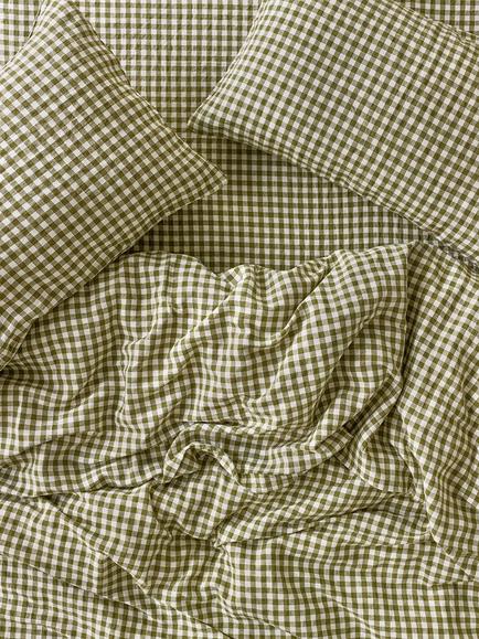Piglet in Bed Gingham Linen Blend Bedding, Botanical Green