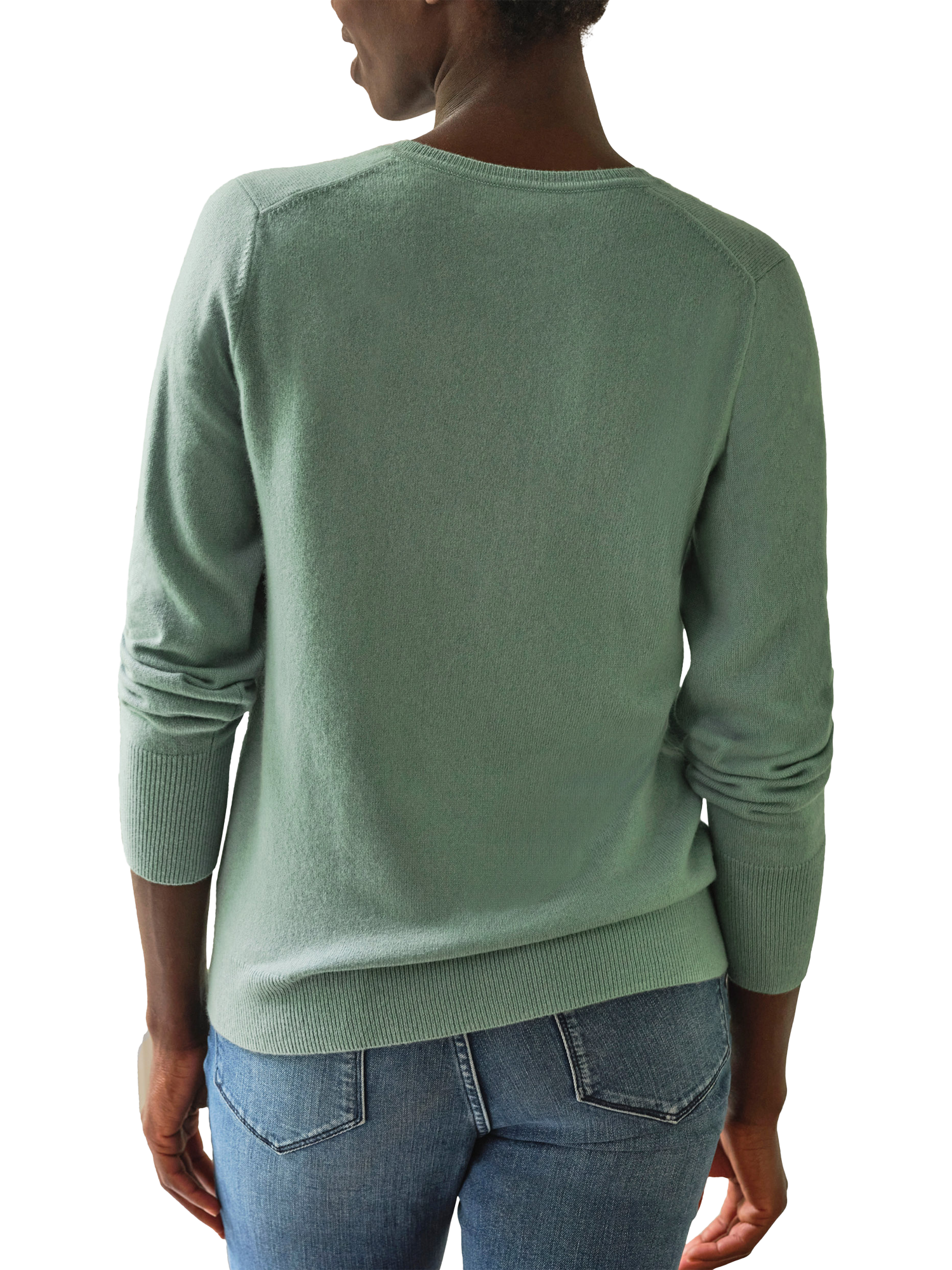 Product image 2 of 3, which shows Pure Collection V-Neck Cashmere Jumper, Soft Fern, 8