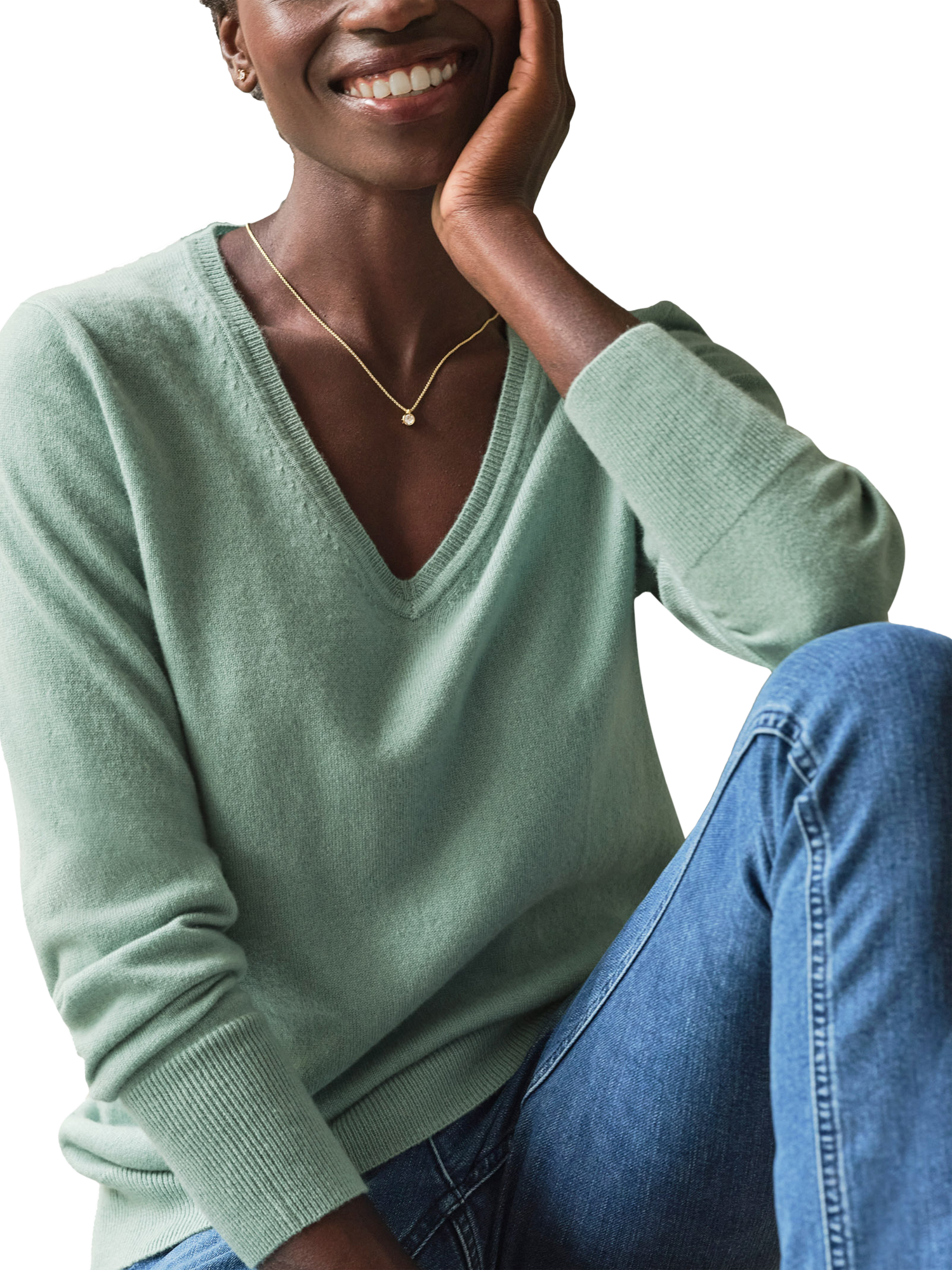 Product image 3 of 3, which shows Pure Collection V-Neck Cashmere Jumper, Soft Fern, 8