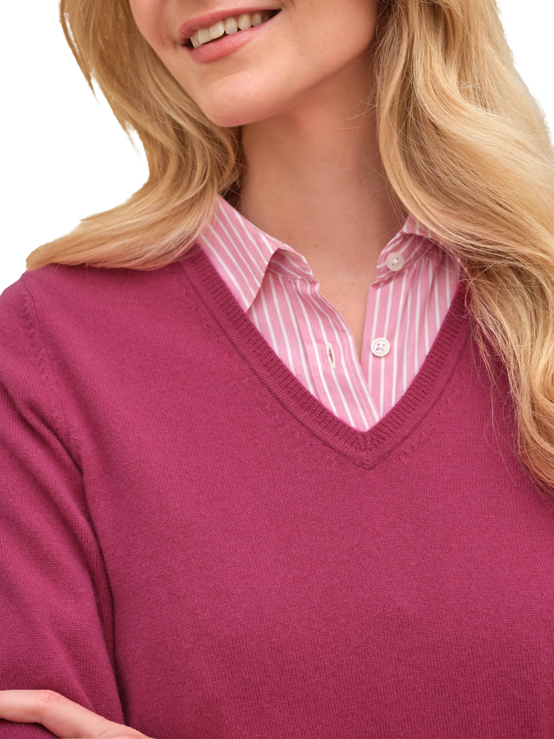 Product image 2 of 3, which shows Pure Collection V-Neck Cashmere Jumper, Velvet Pink, 8