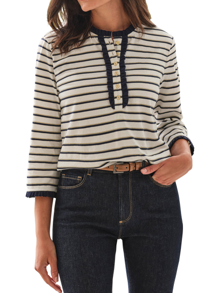 Pure Collection Stripe Micro Frill Top, Ivory/Blue, Ivory/Blue