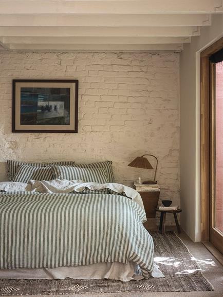 Piglet in Bed Pembroke Stripe Linen Blend Bedding - view 2, Fern Green/Oatmeal