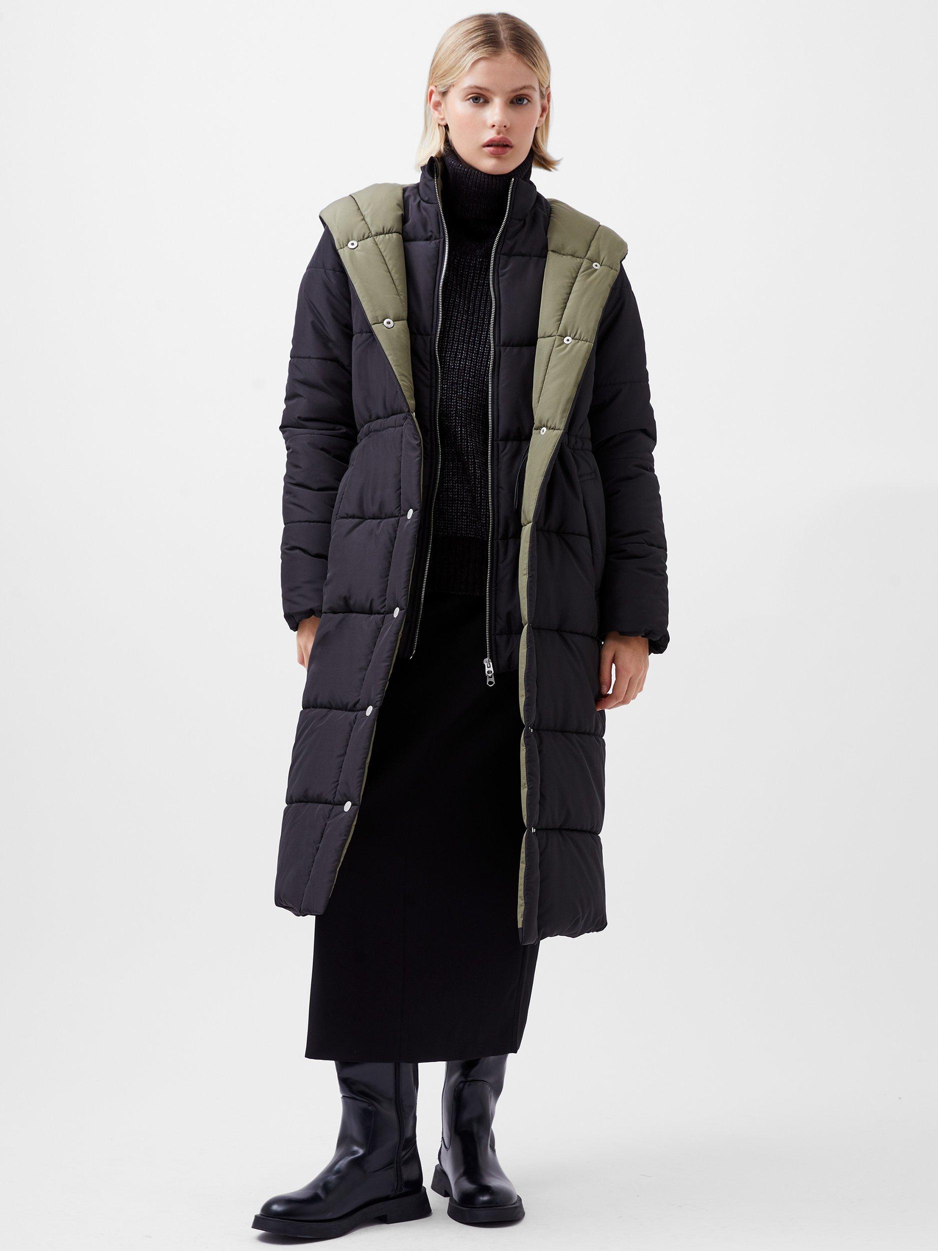 French Connection Auden Double Front Puffer Coat, Blackout/Tarmac Khaki