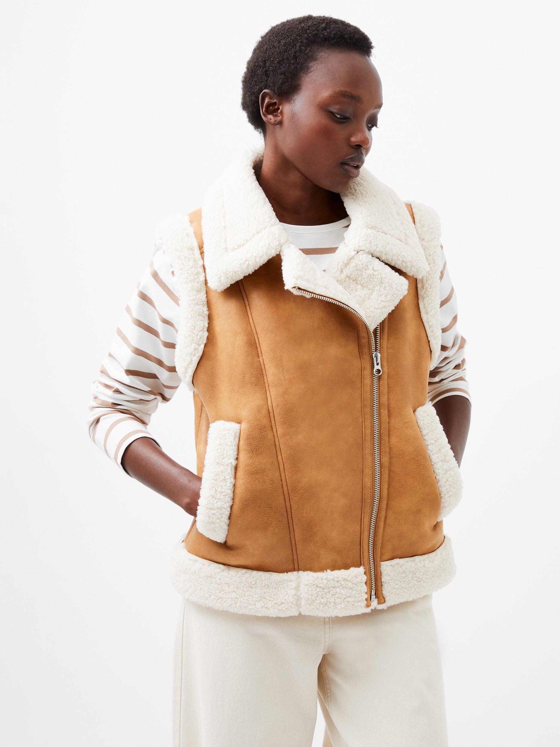 French Connection Camry Suedette Gilet, Tan/Ivory