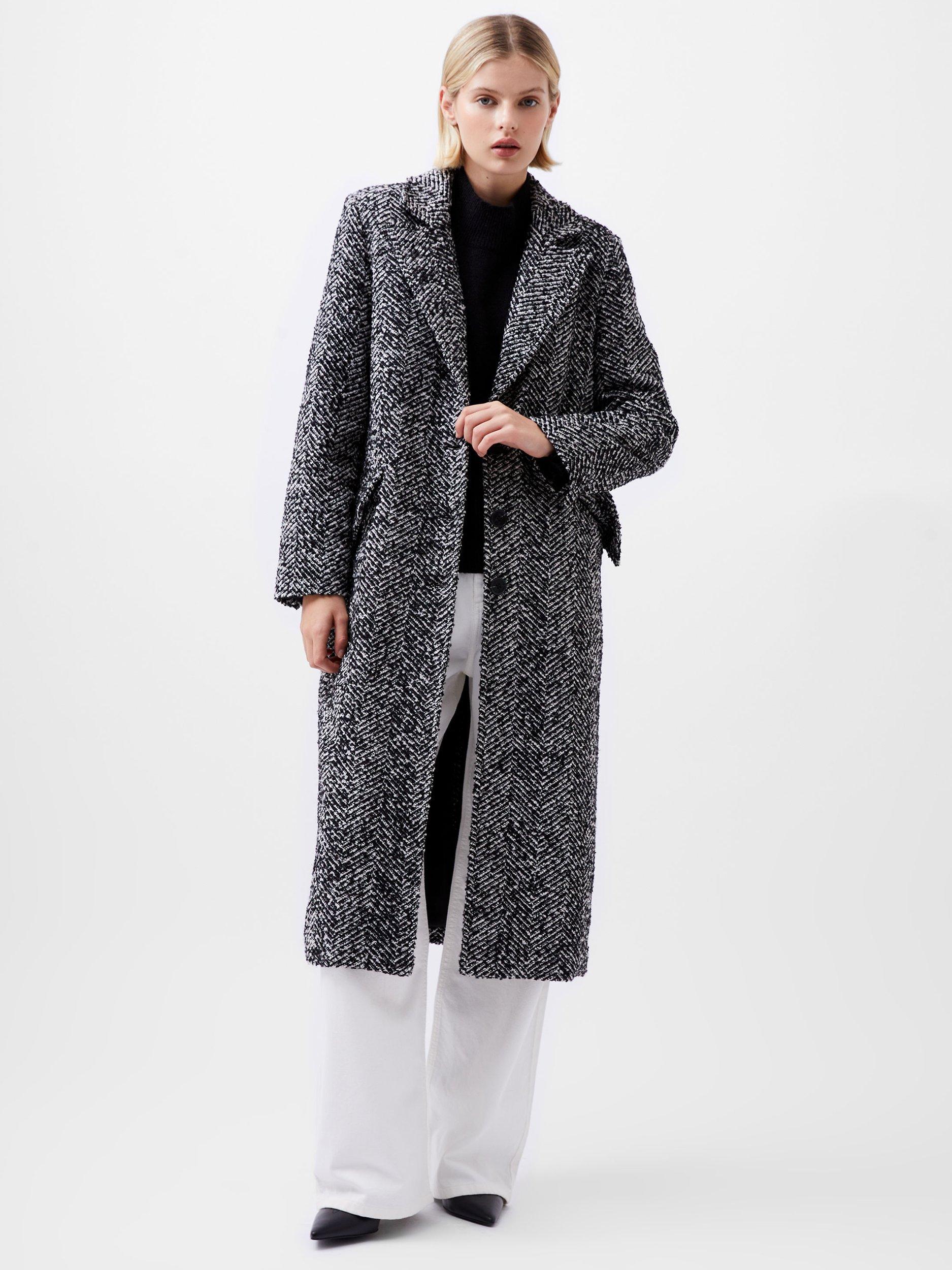 French Connection Chantelle Herringbone Wool Blend Coat Black White