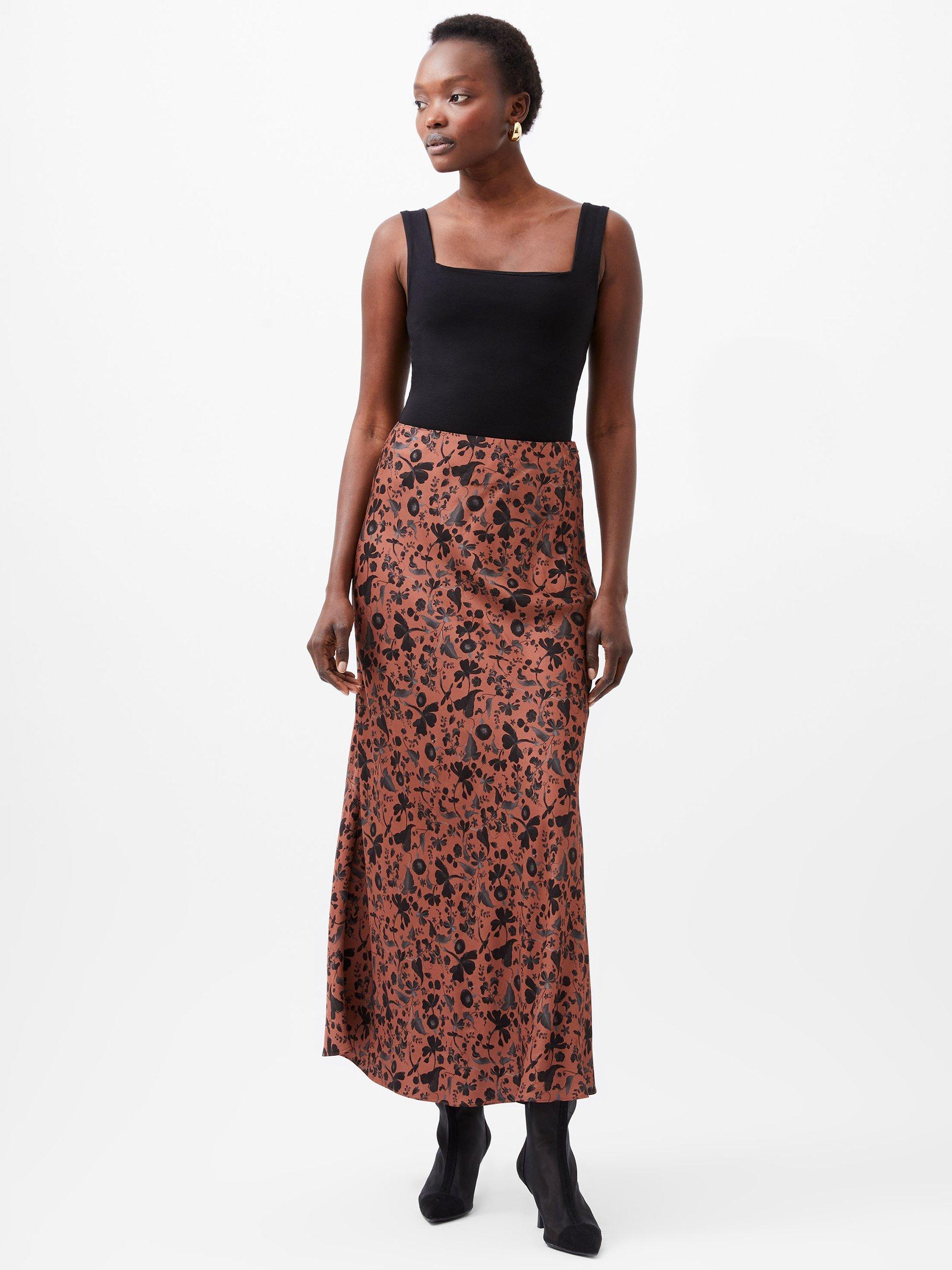 French Connection Jeannie Ennis Satin Maxi Skirt Russet Brown Black