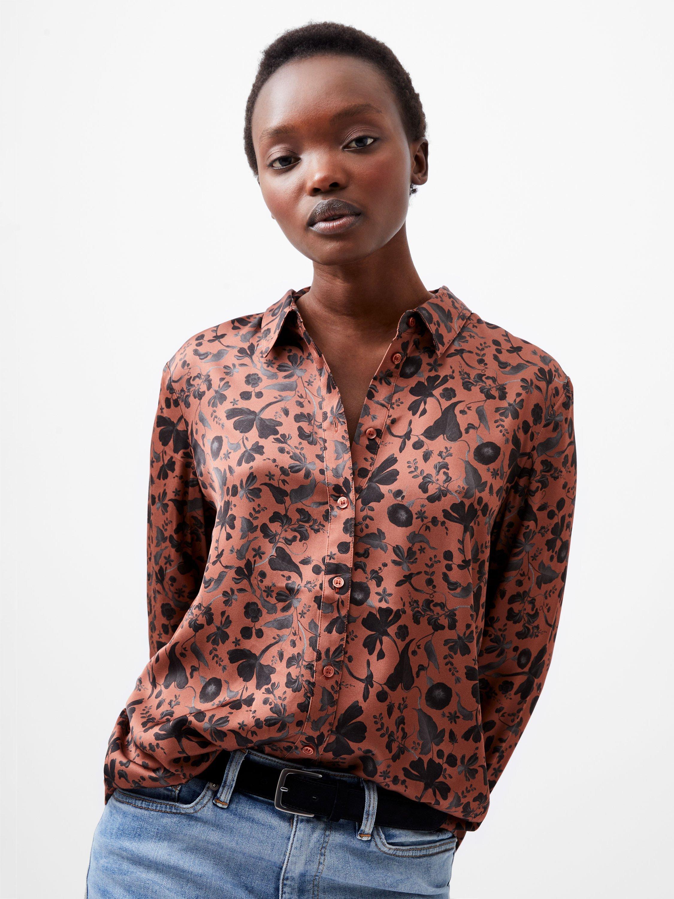 French Connection Jeannie Ennis Satin Shirt, Russet Brown/Black