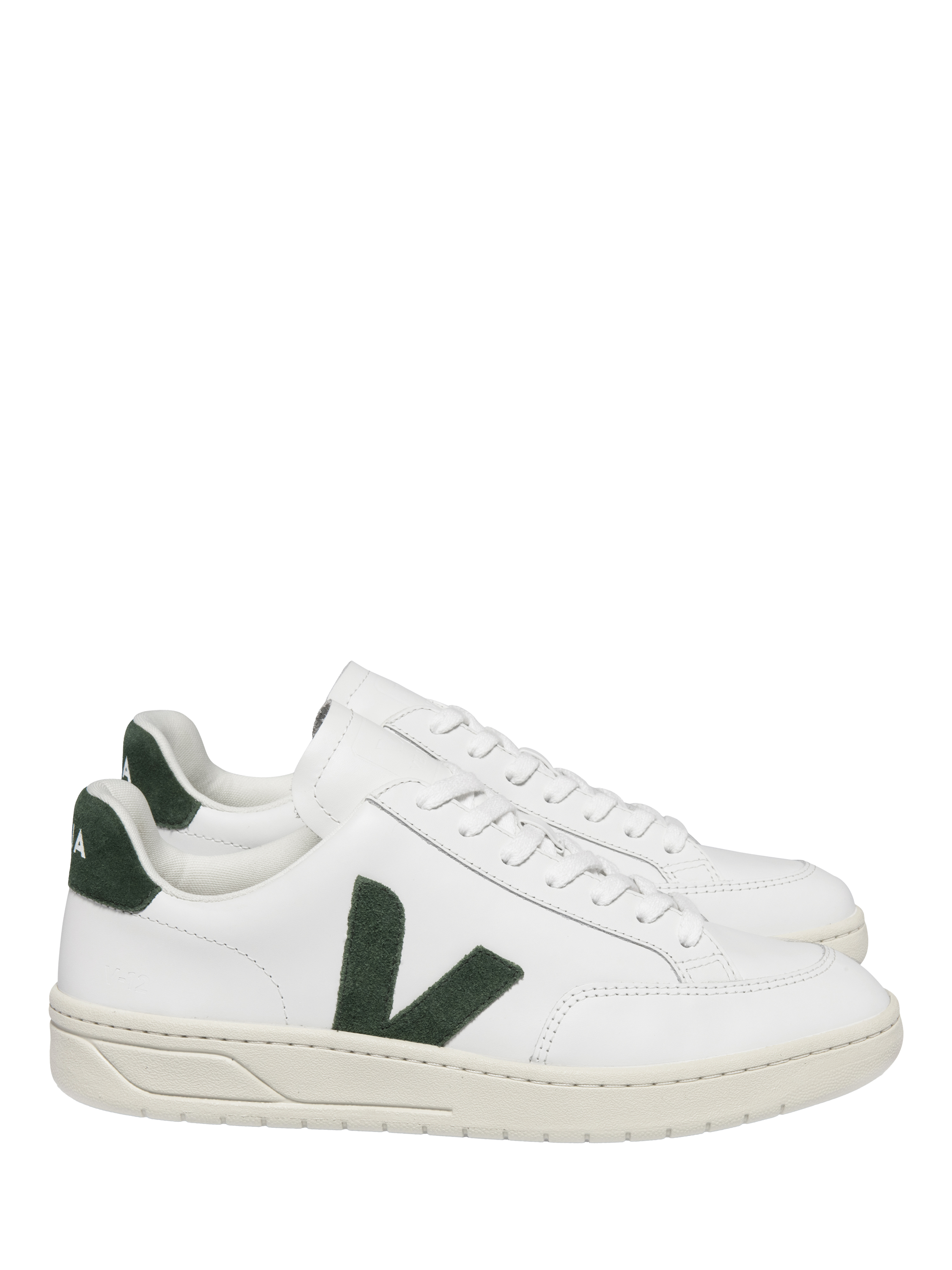 Product image 1 of 3, which shows VEJA V12 Leather Lace Up Trainers, Extra White/Cyprus, 7