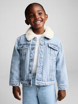 Mango Kids' Lisa Faux Fur Contrast Collar Denim Jacket, Light Blue, Light Blue