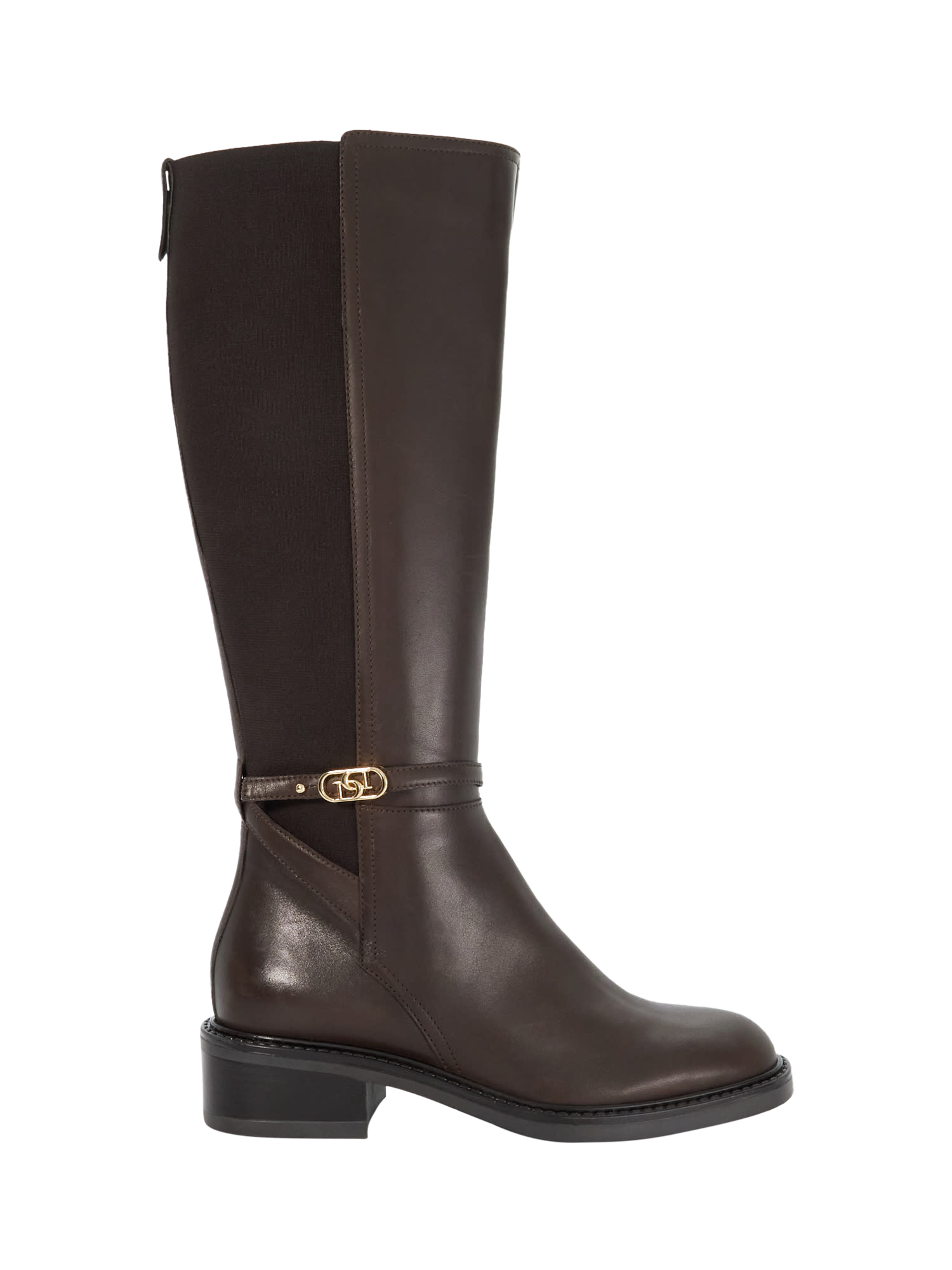 Product image 1 of 6, which shows Dune London Tias Leather Branded Buckle Knee High Boots, Brown, EU38