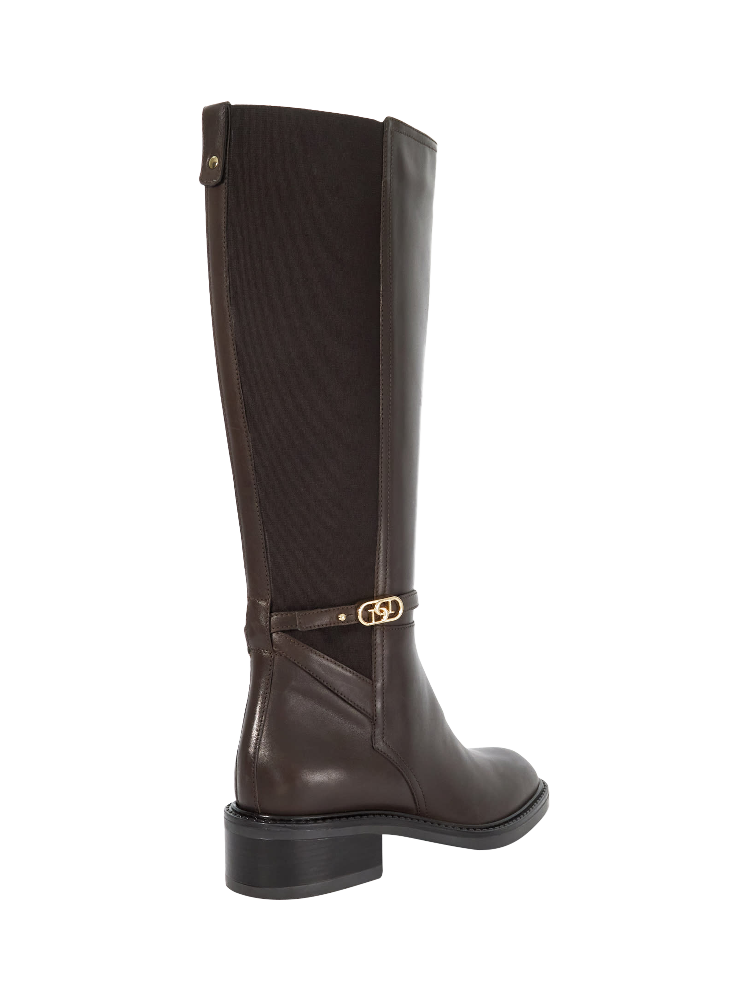 Product image 4 of 6, which shows Dune London Tias Leather Branded Buckle Knee High Boots, Brown, EU38