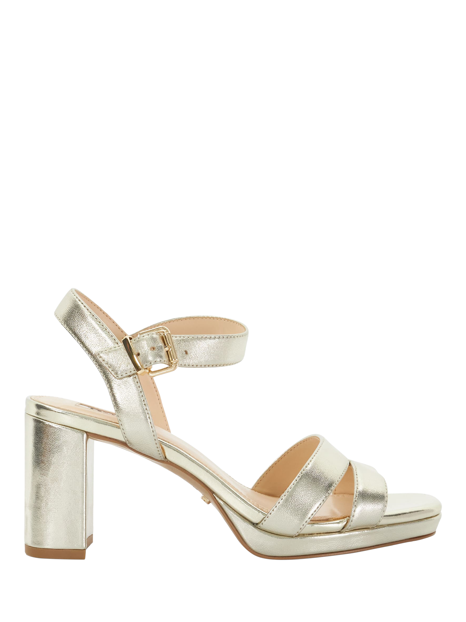 Dune Manifesting Leather Block Heeled Sandals Gold