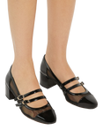 Dune Appreciate Mesh Patent Trim Block Heeled Mary Janes, Black